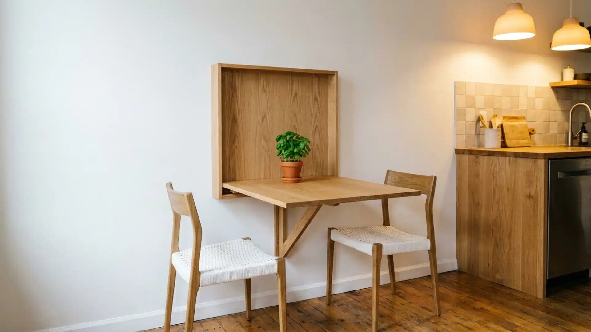 a fold down wooden dining table mounted against the wall beside a compact kitchen in a minimalist apartment