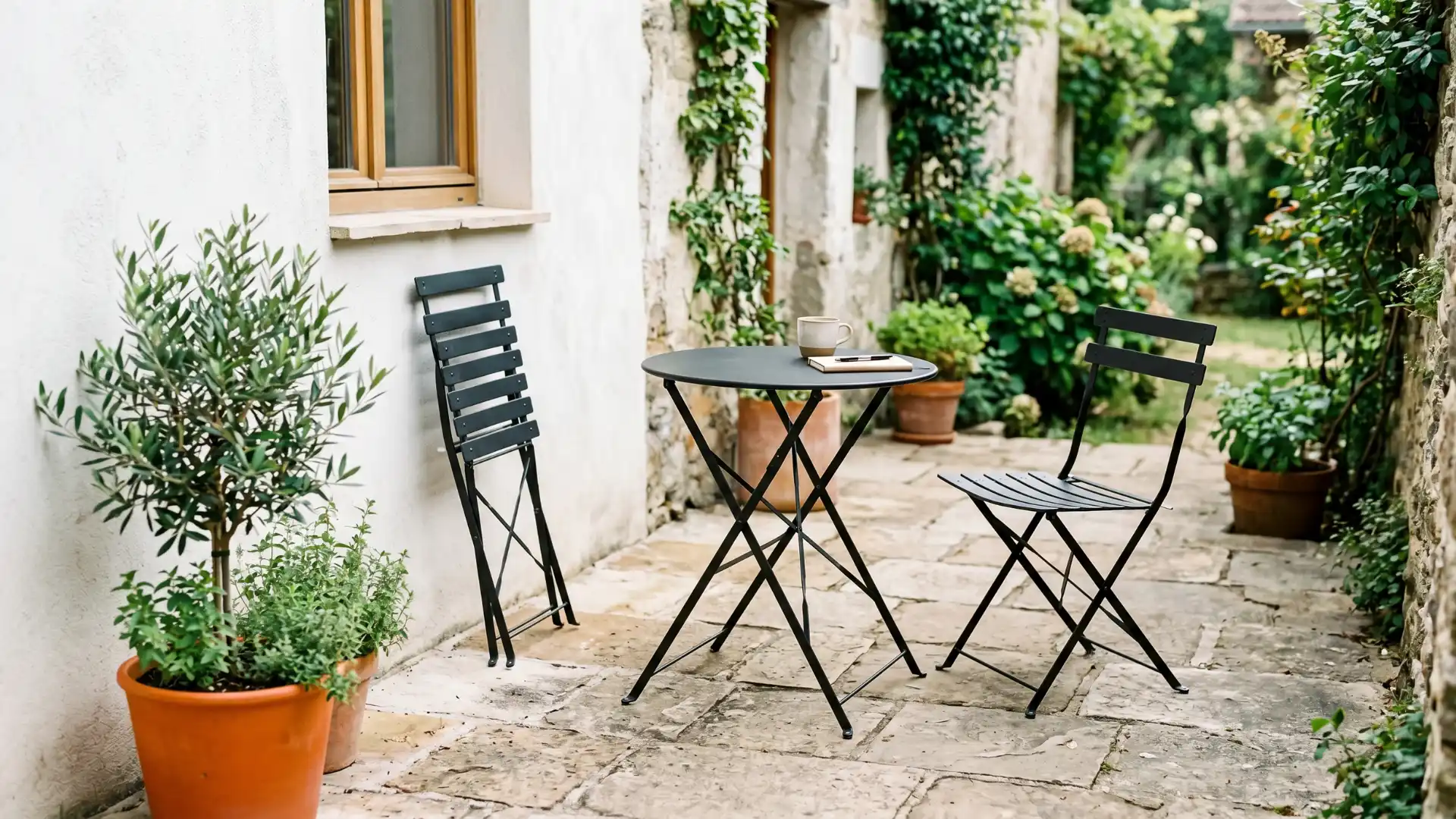 a folding bistro table and stackable metal chairs on a compact stone patio with one chair leaned against the wall and a small potted plant nearby
