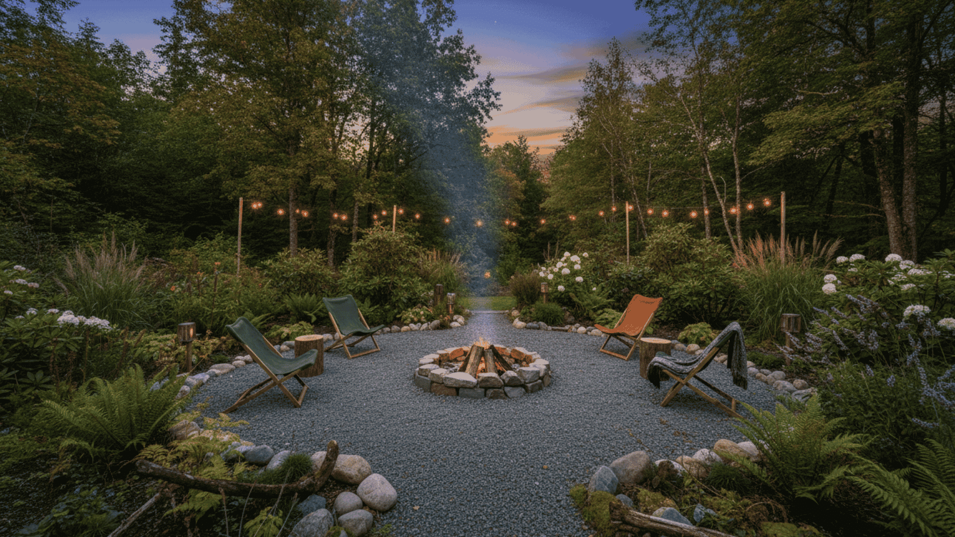 a forest outdoor patio with a stone fire pit and colorful folding chairs surrounded by greenery and string lights