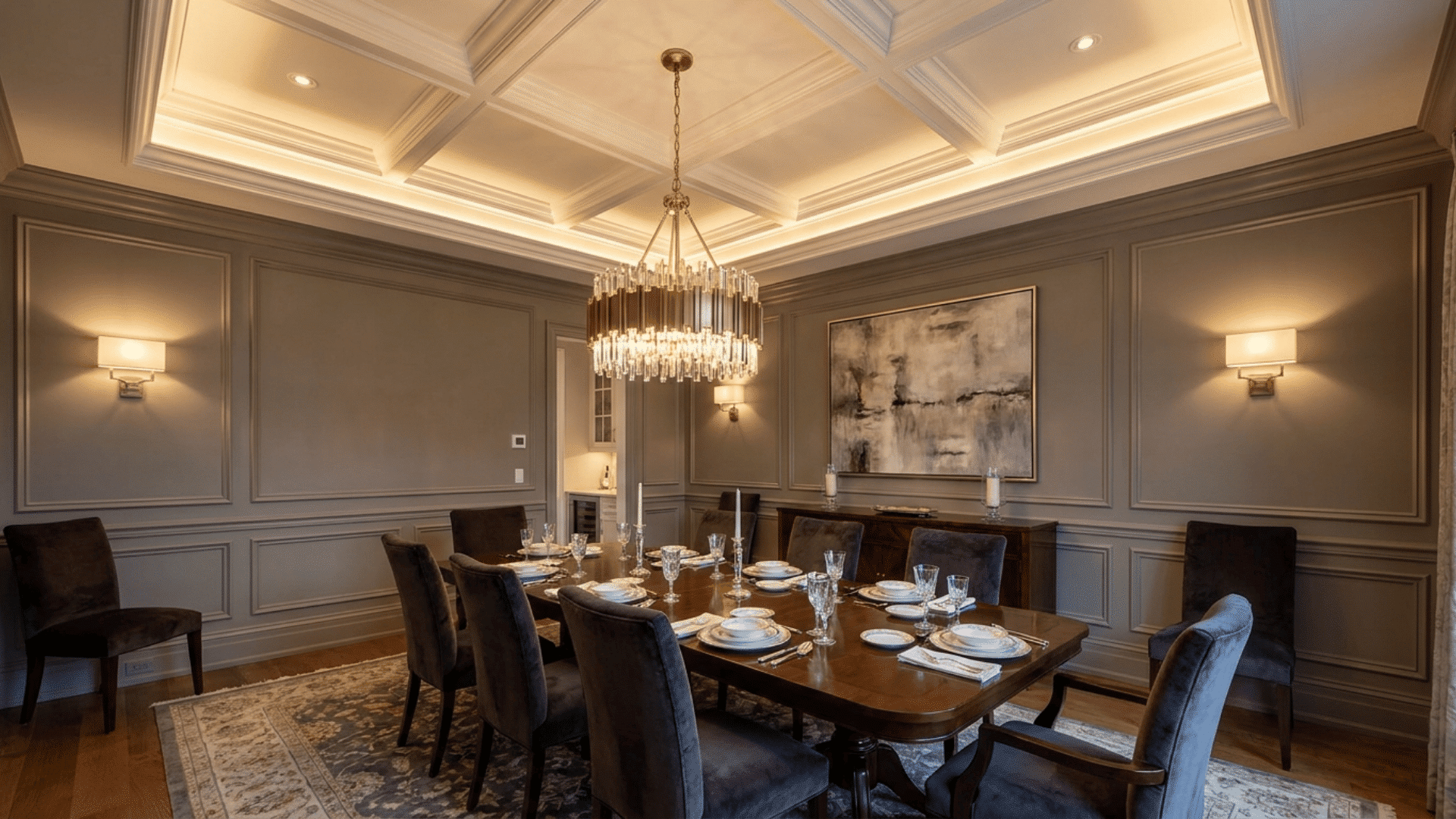 A formal dining room with floating frame ceiling holding a central chandelier.