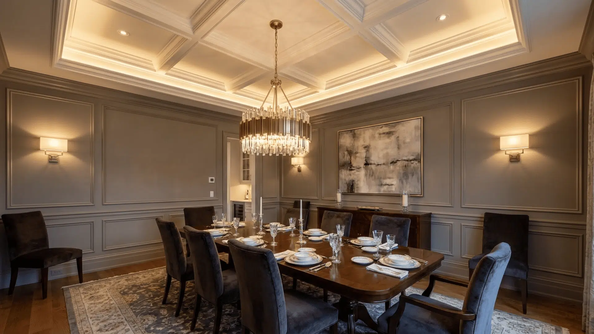 A formal dining room with floating frame ceiling holding a central chandelier.