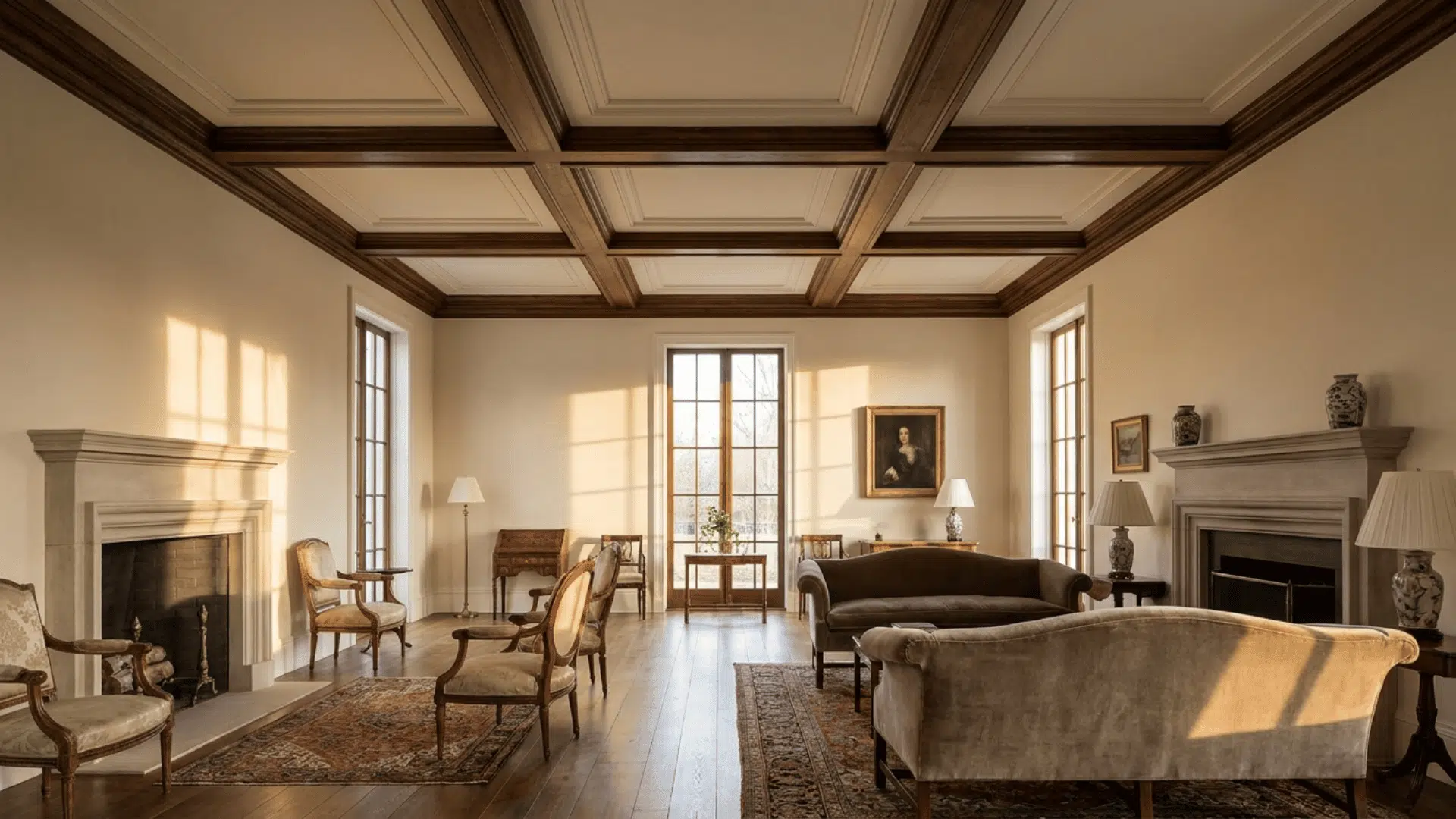 A formal living room with a grid of recessed square panels bordered by raised beams.