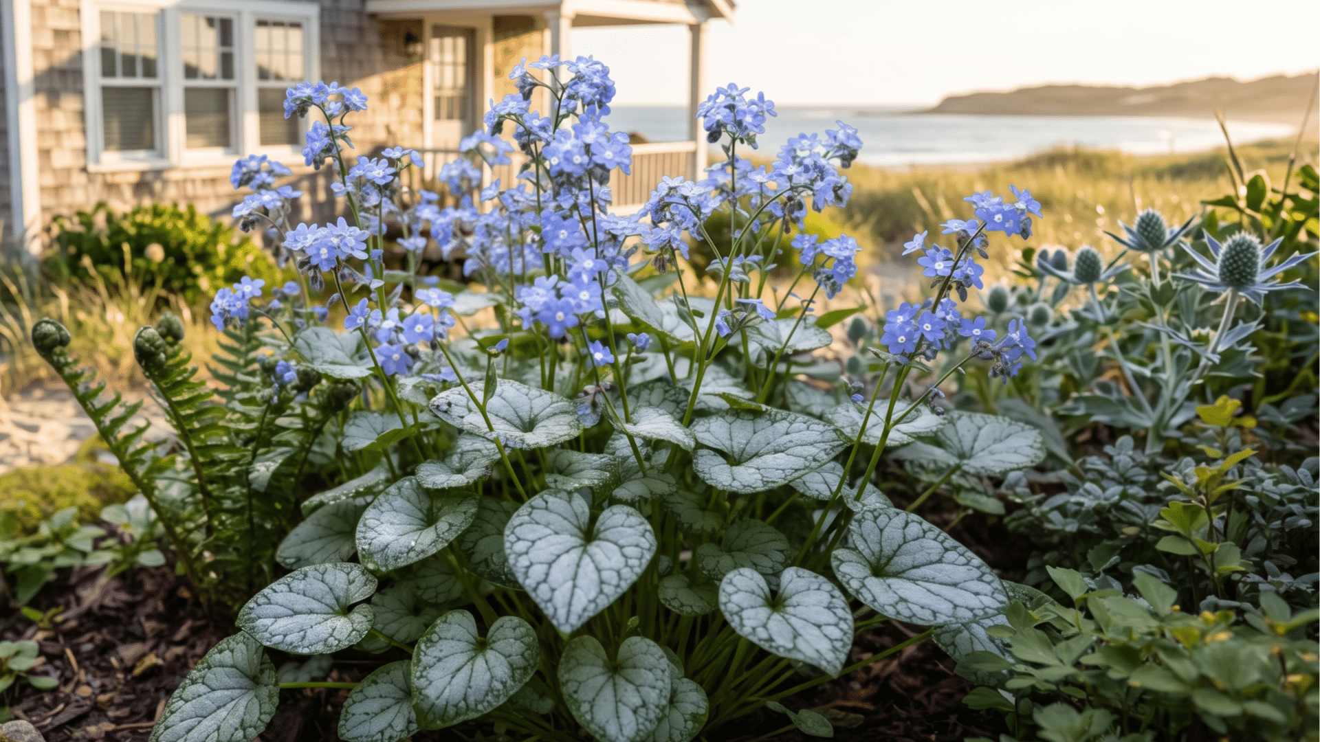 a garden bed with blue flowers of siberian bugloss and silver-leafed plants in front of a shingled house and a beach scene.