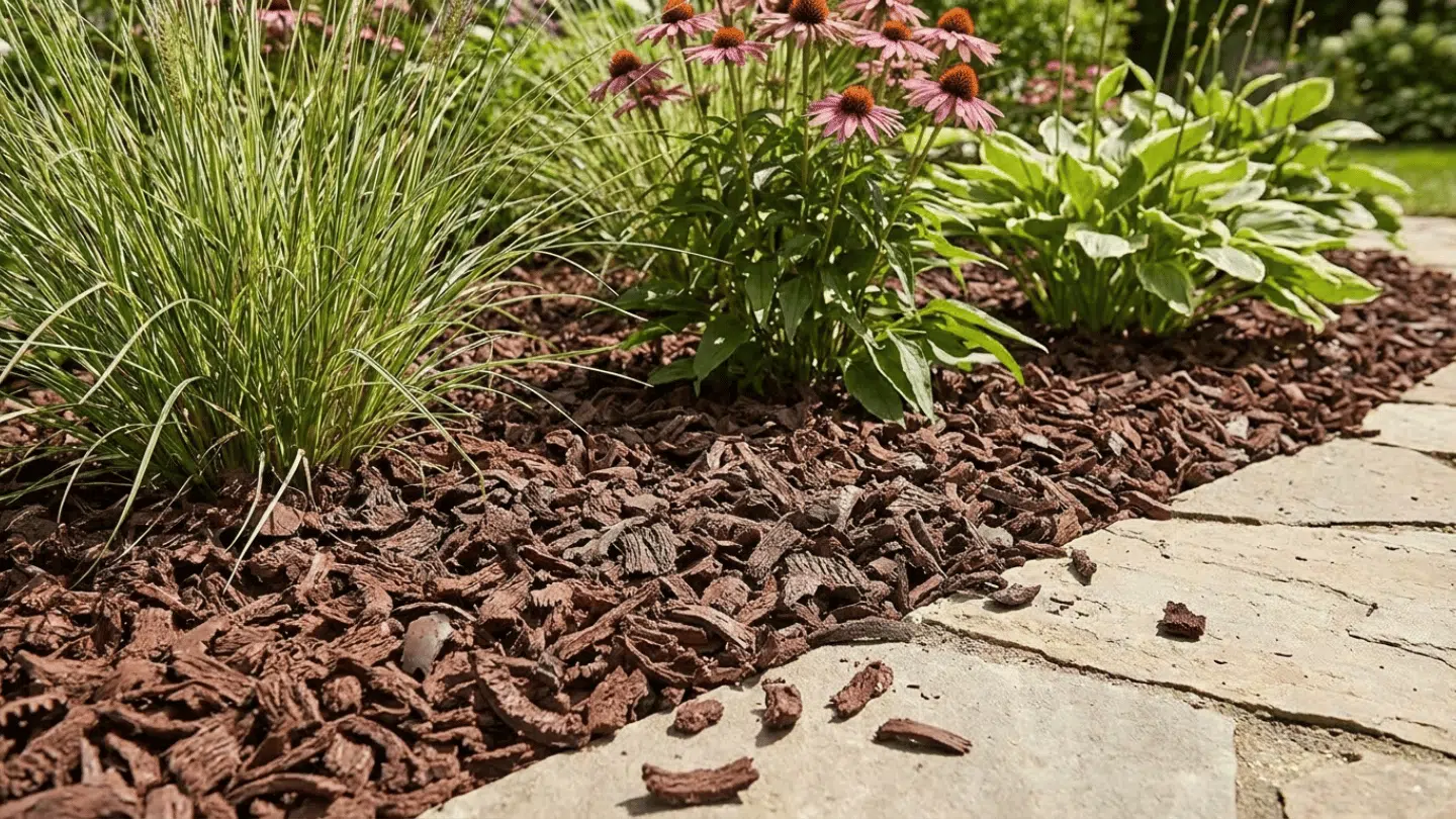 A garden bed with green plants and purple flowers mulched with brown bark chips along a stone pathway.