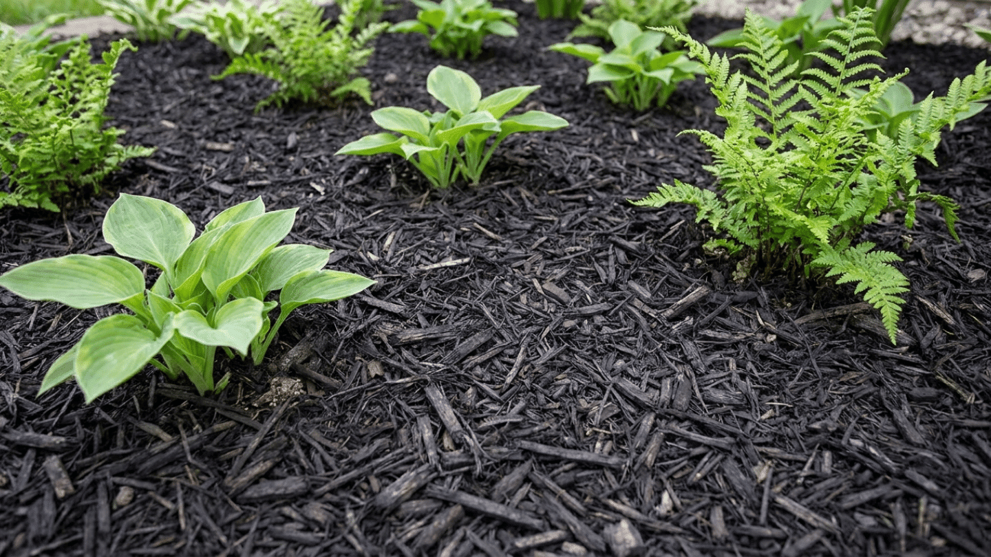A garden bed with young green hosta and fern plants mulched with dark wood chips.