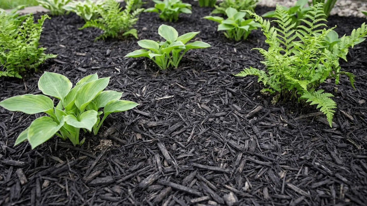 A garden bed with young green hosta and fern plants mulched with dark wood chips.