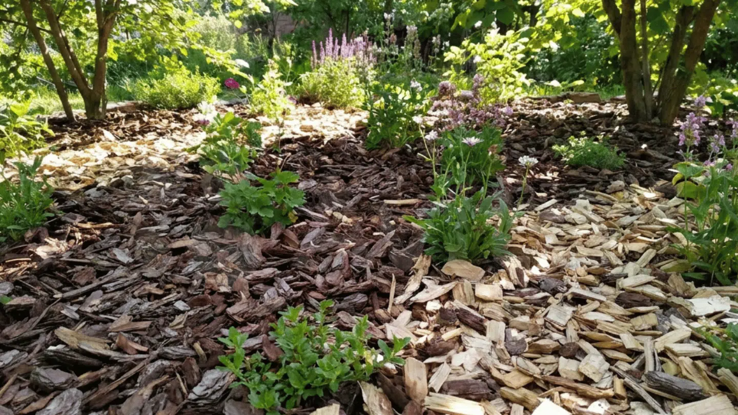 A garden bed with young plants and shrubs mulched with light and dark wood chips under small trees.