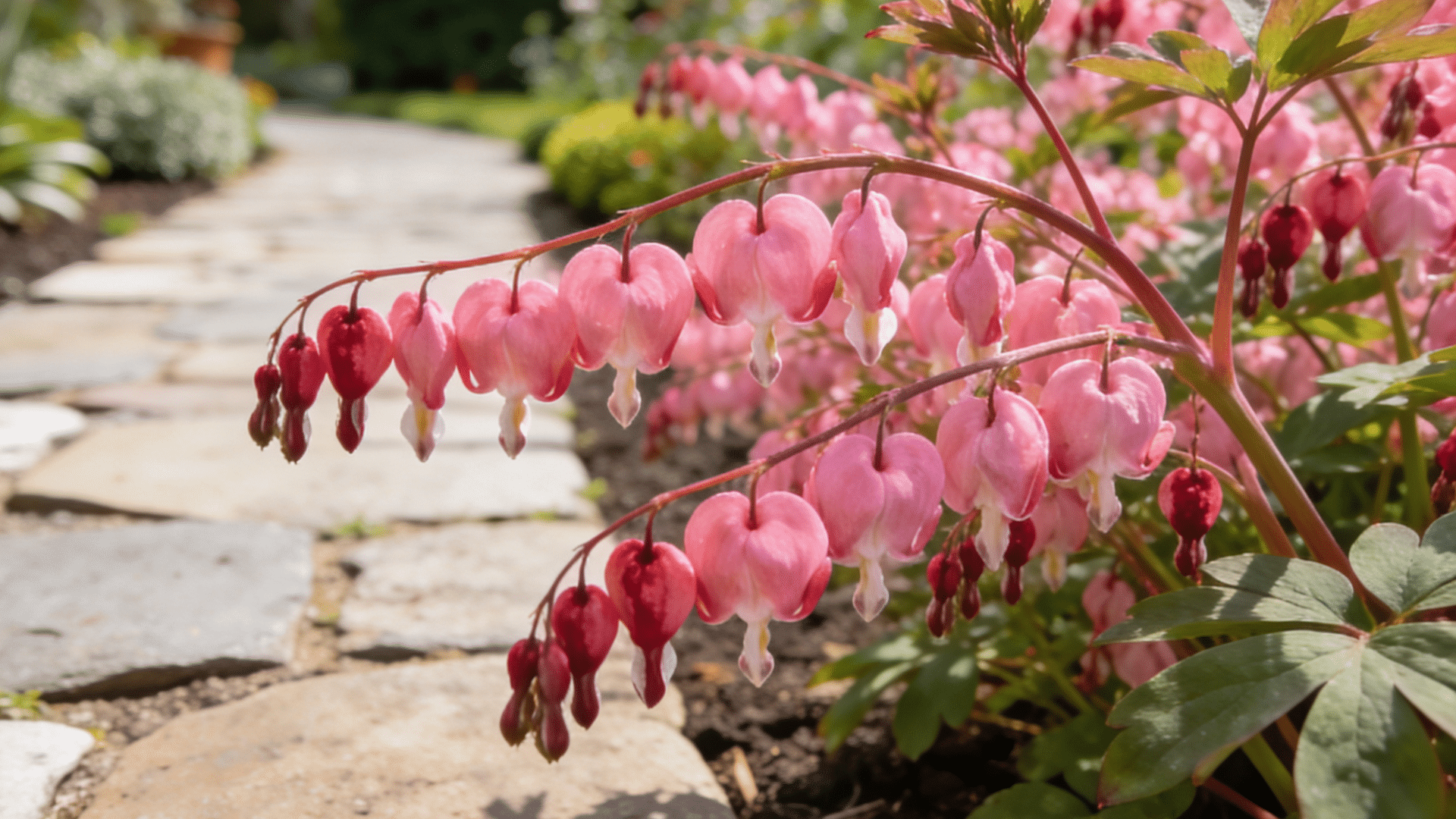 a garden path made of flagstones curves past a cluster of delicate pink bleeding heart flowers