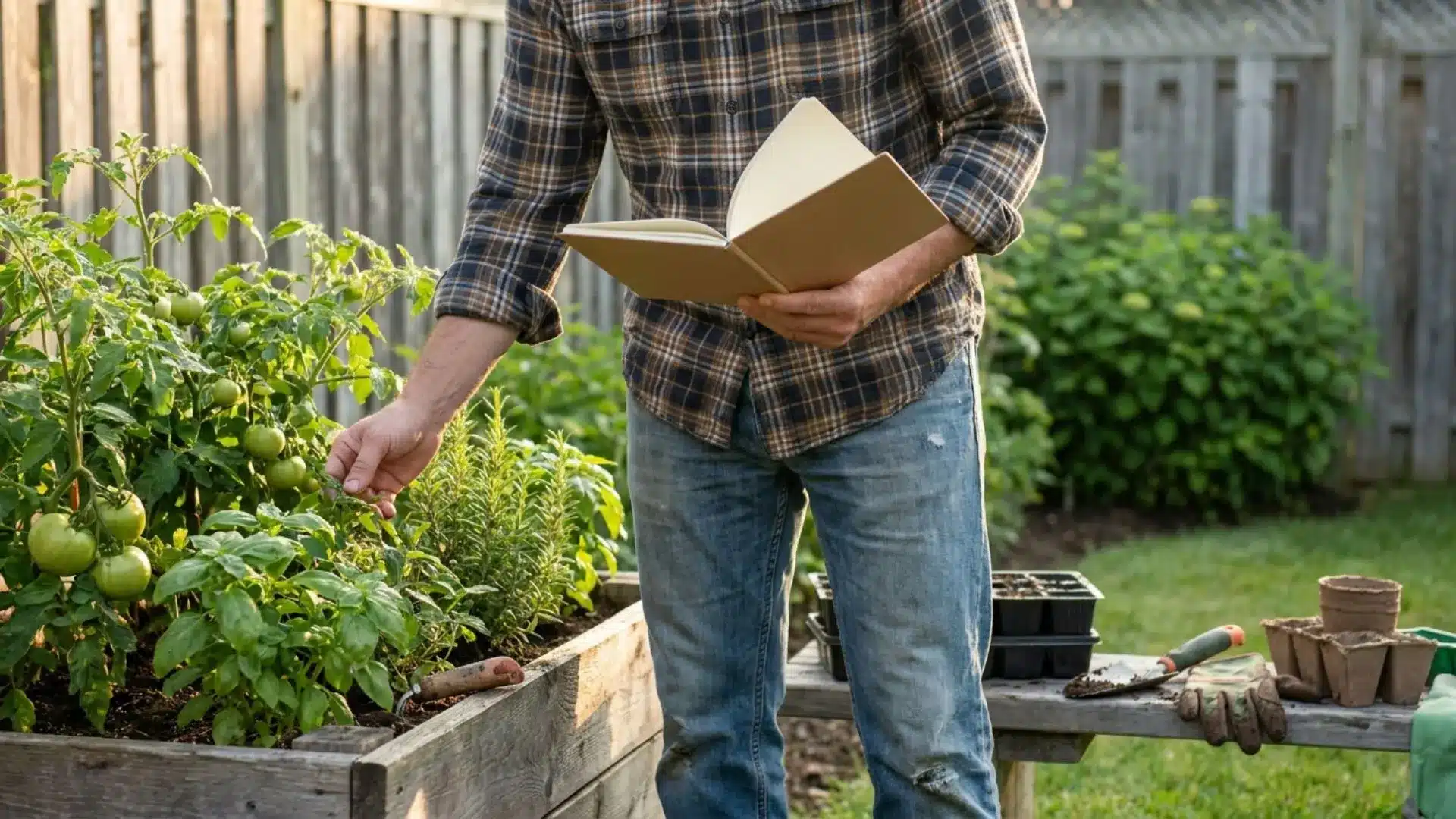 A gardener holding an open notebook while examining green tomatoes and herbs growing in a backyard raised garden bed