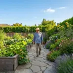 A gardener in a sun hat walking down a stone path in a beautiful backyard garden with raised beds, sunflowers, and lavender borders