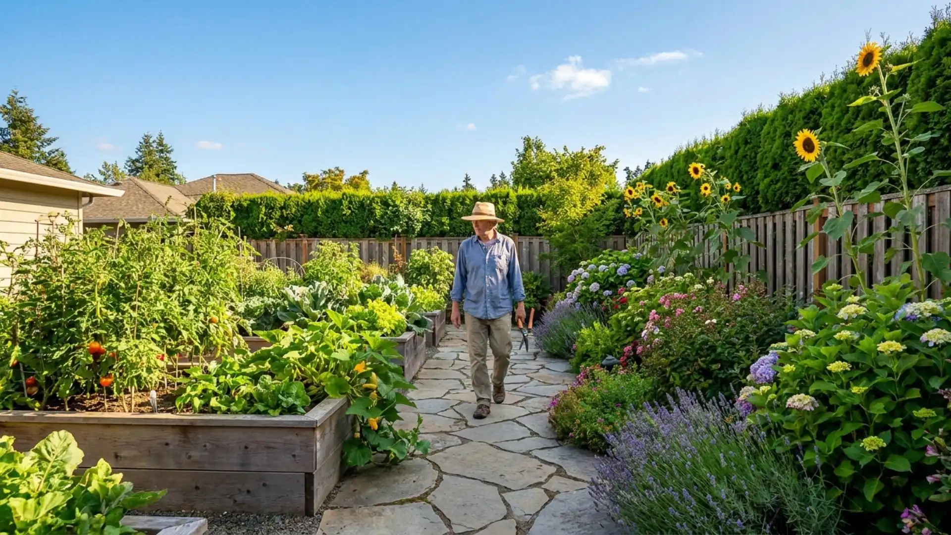 A gardener in a sun hat walking down a stone path in a beautiful backyard garden with raised beds, sunflowers, and lavender borders