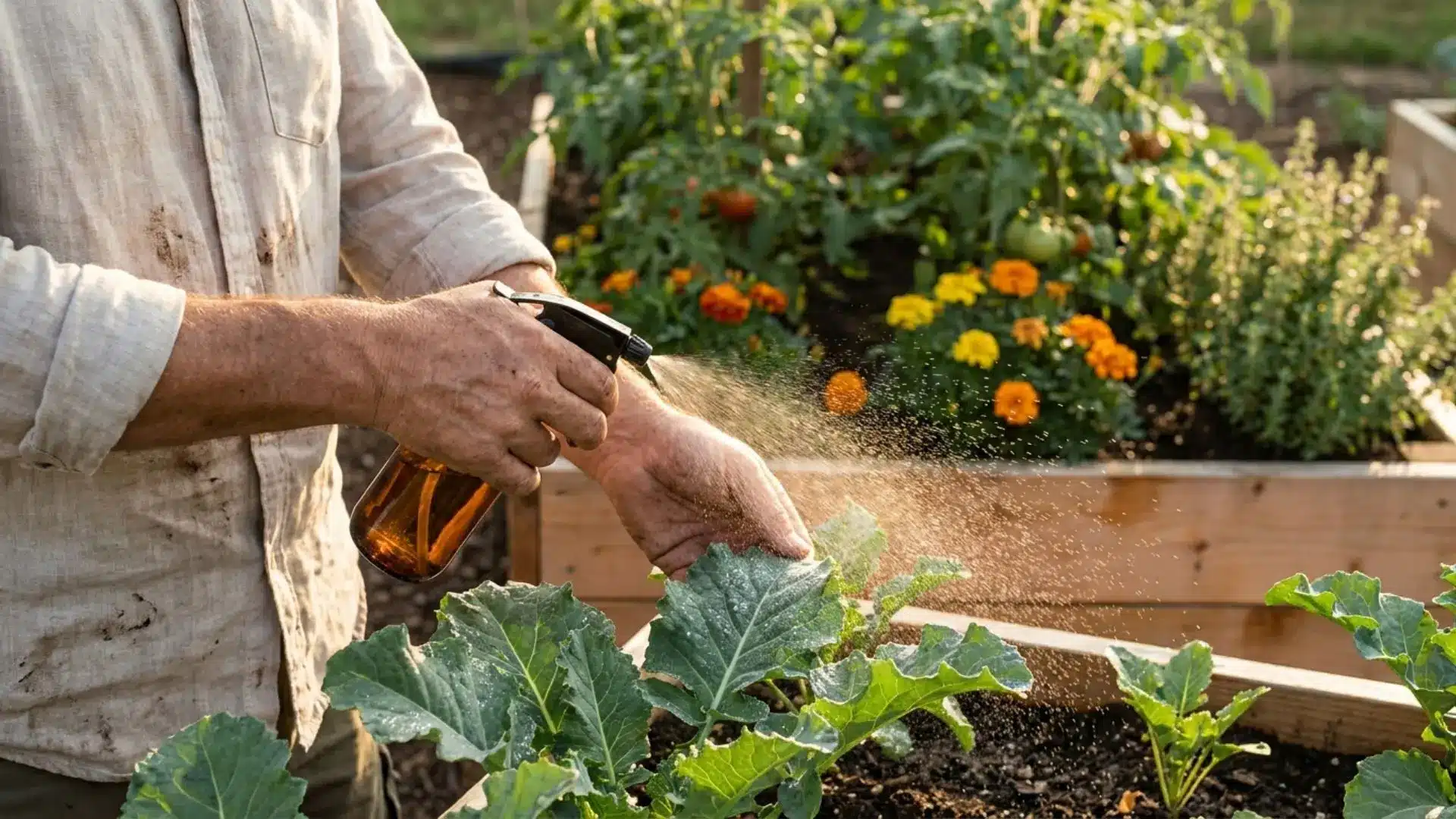 A gardener using an amber spray bottle to mist large green plant leaves in a raised garden bed during a sunny day