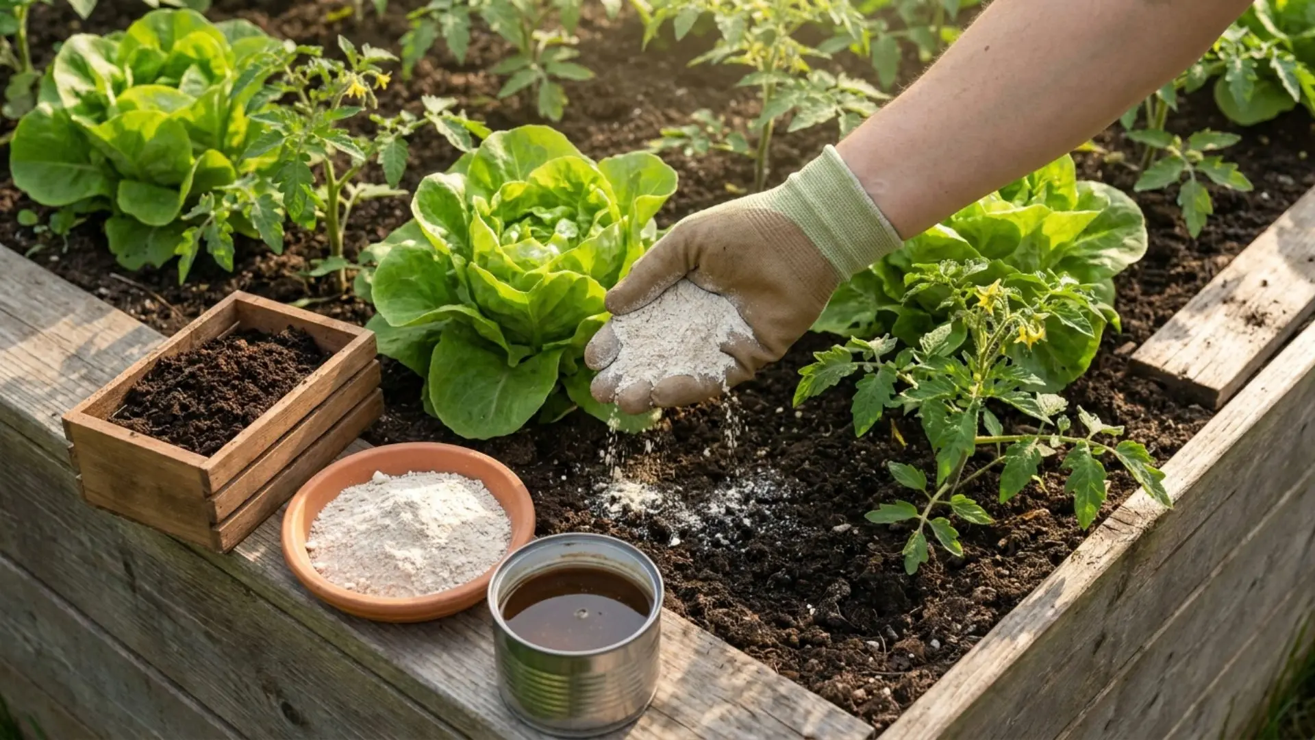 A gloved hand sprinkling powdered fertilizer onto dark soil in a wooden raised bed filled with lettuce and tomato plants
