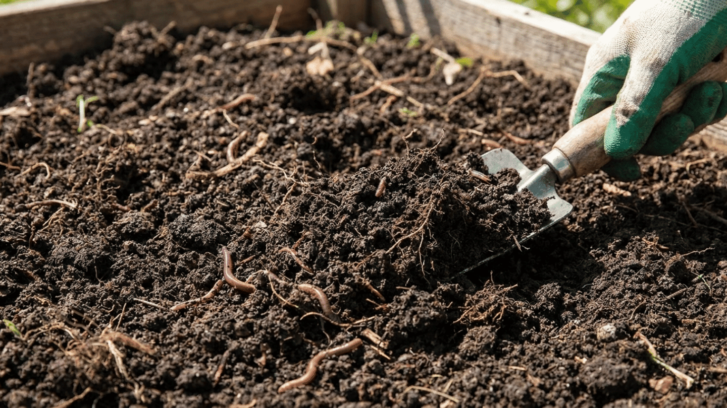 A gloved hand using a trowel to dig into rich, dark soil filled with earthworms in a raised garden bed.