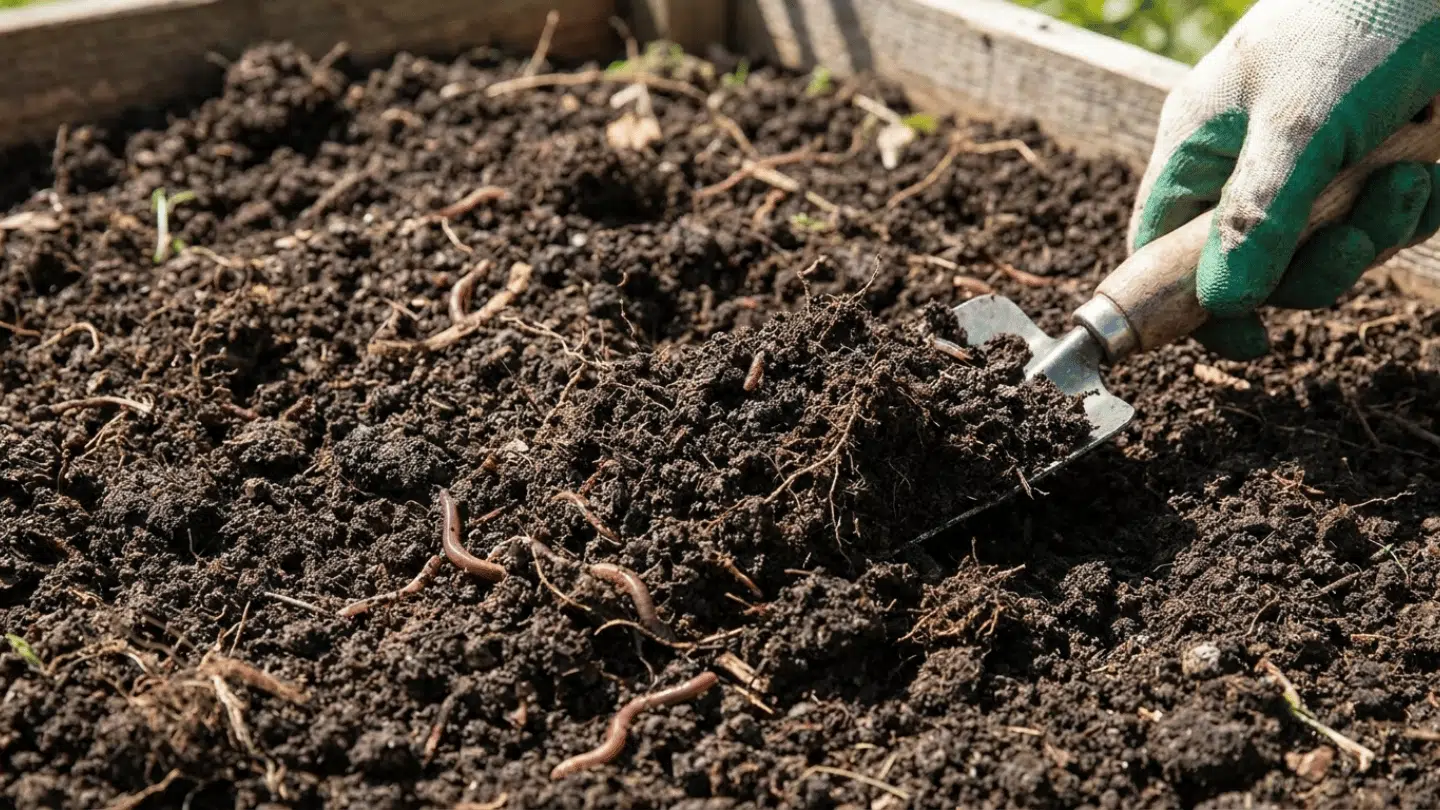 A gloved hand using a trowel to dig into rich, dark soil filled with earthworms in a raised garden bed.