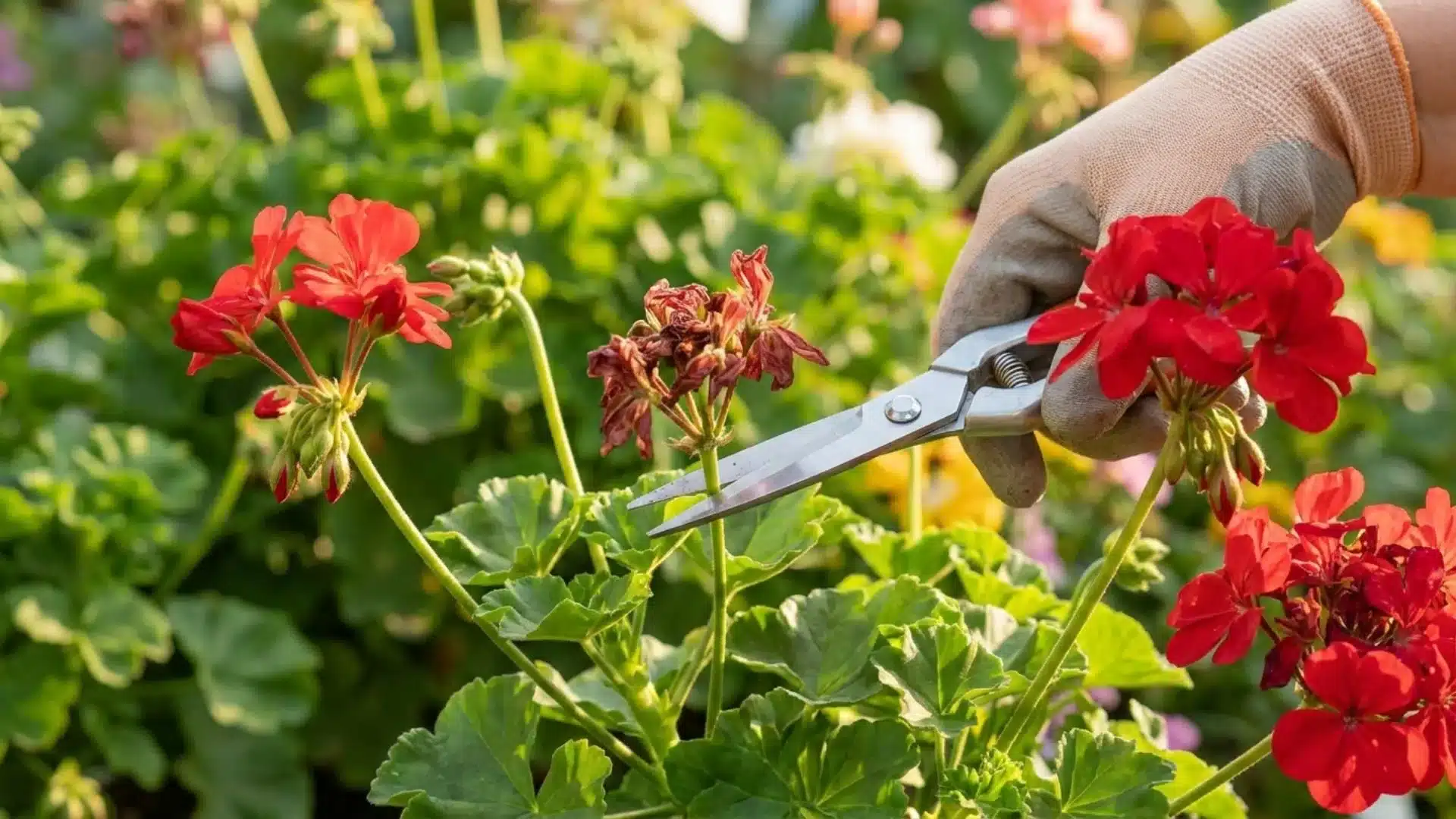 _A gloved hand using garden shears to deadhead a wilted, brown flower stem amidst vibrant red geranium blossoms