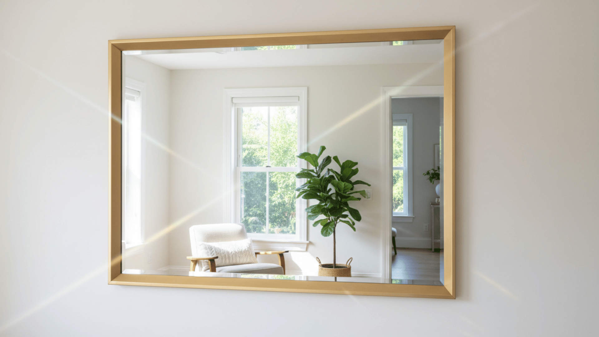 a gold framed wall mirror reflecting a bright room with windows a cushioned chair and leafy plant in a basket