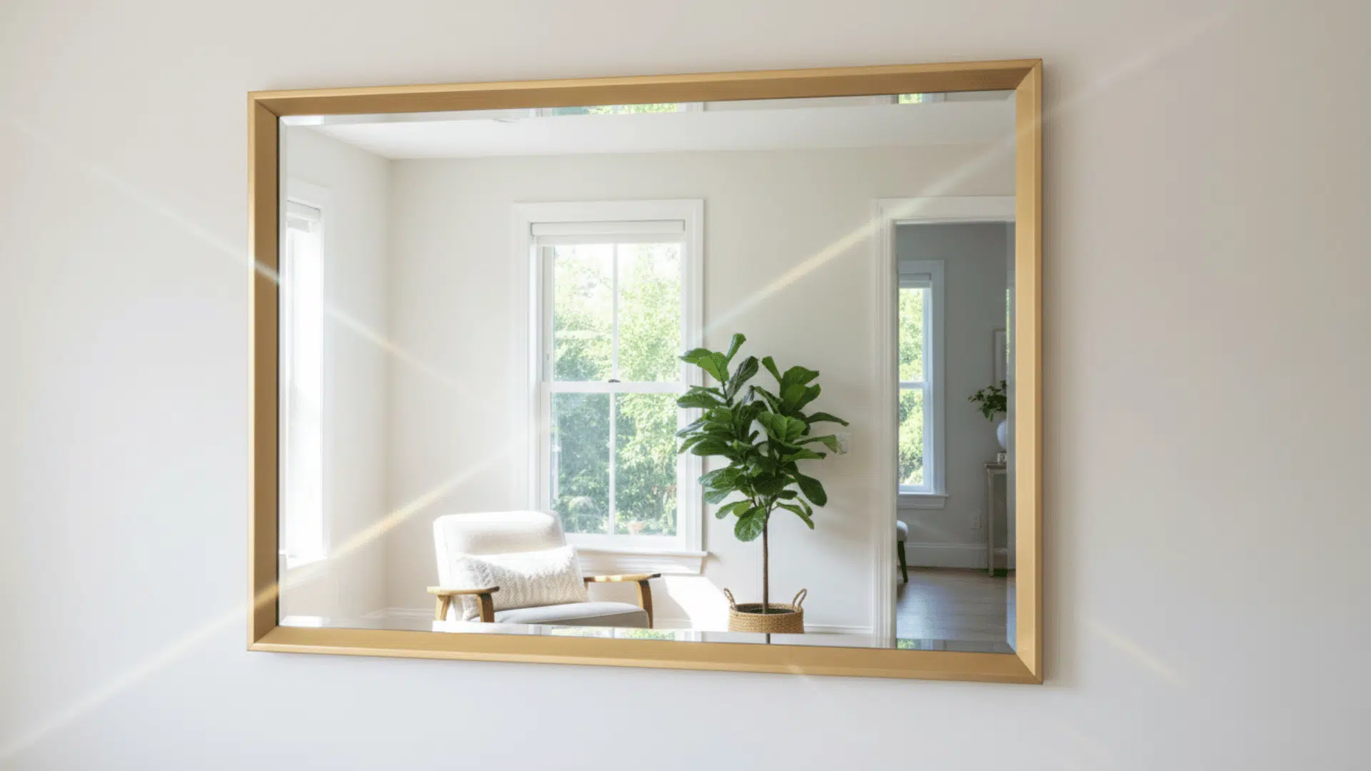 a gold framed wall mirror reflecting a bright room with windows a cushioned chair and leafy plant in a basket