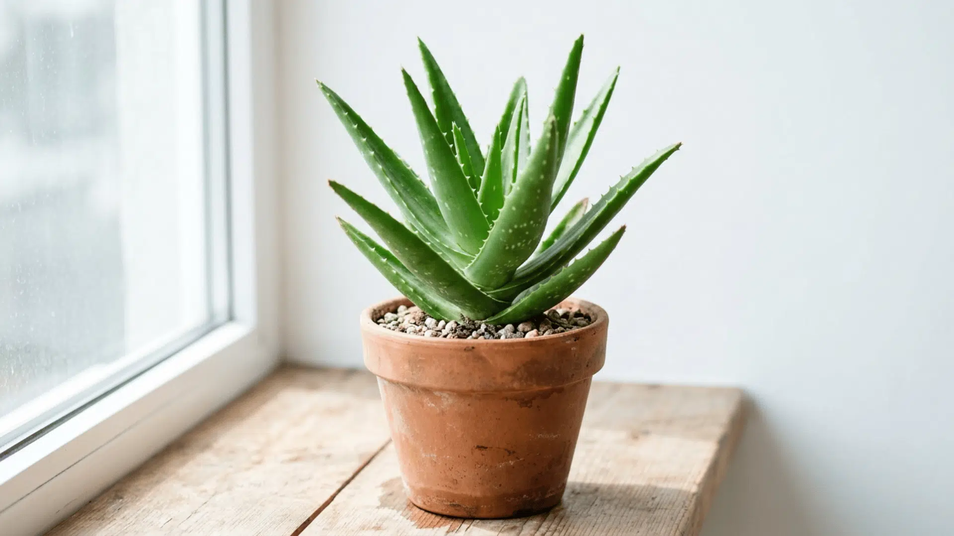 a green aloe plant in a terracotta pot on a wooden ledge beside a bright window with a pale wall behind