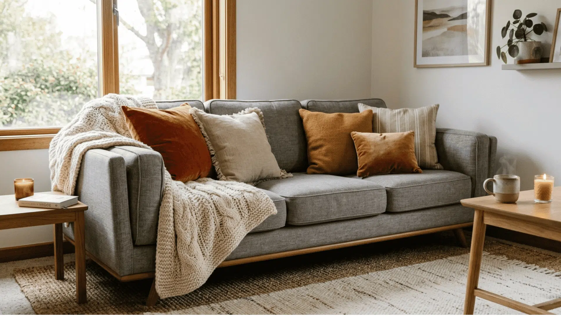 a grey sofa styled with layered rust orange velvet cushions a chunky knit cream throw and mustard pillows on a jute rug near a wooden framed window