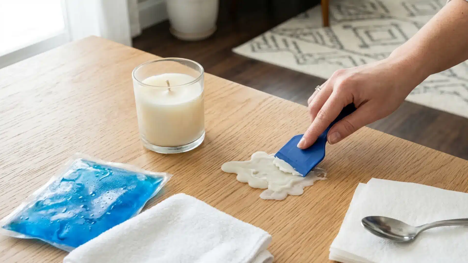 a hand lifting hardened candle wax from a wooden table with a plastic scraper and ice pack