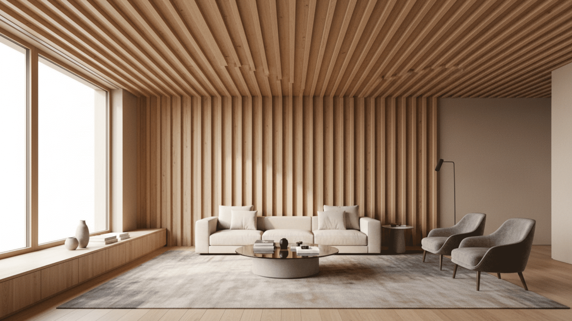 A high-end residential living room with fluted wooden ceiling panels parallel grooves create dynamic shadows, minimalist furniture beneath, natural light accentuating texture, realistic and modern