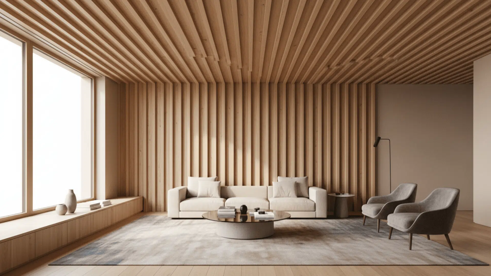 A high-end residential living room with fluted wooden ceiling panels parallel grooves create dynamic shadows, minimalist furniture beneath, natural light accentuating texture, realistic and modern