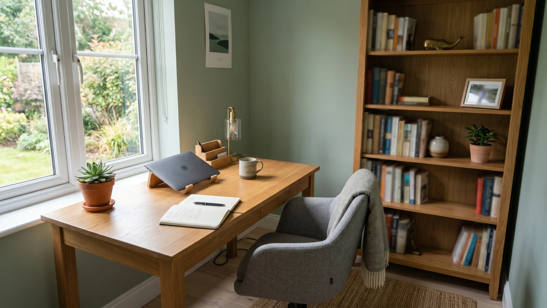 A home office nook featuring a wooden desk by a bright window, a gray upholstered chair, and a tall wooden bookshelf against a sage green wall