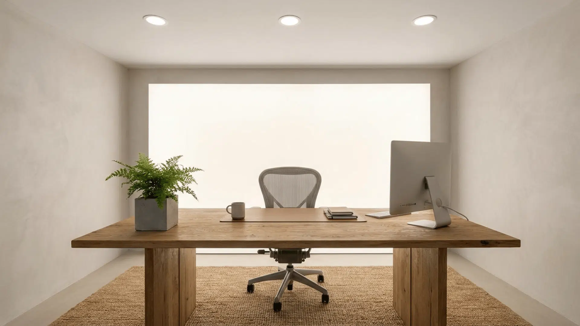 A home office with flat ceiling and recessed downlights positioned to illuminate the desk area evenly. (1)