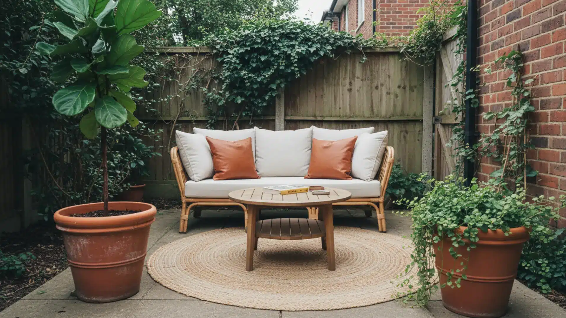 a jute rug with a rattan sofa and cream and rust cushions on a small concrete backyard patio with terracotta pots fiddle leaf fig and ivy covered fence in soft daylight