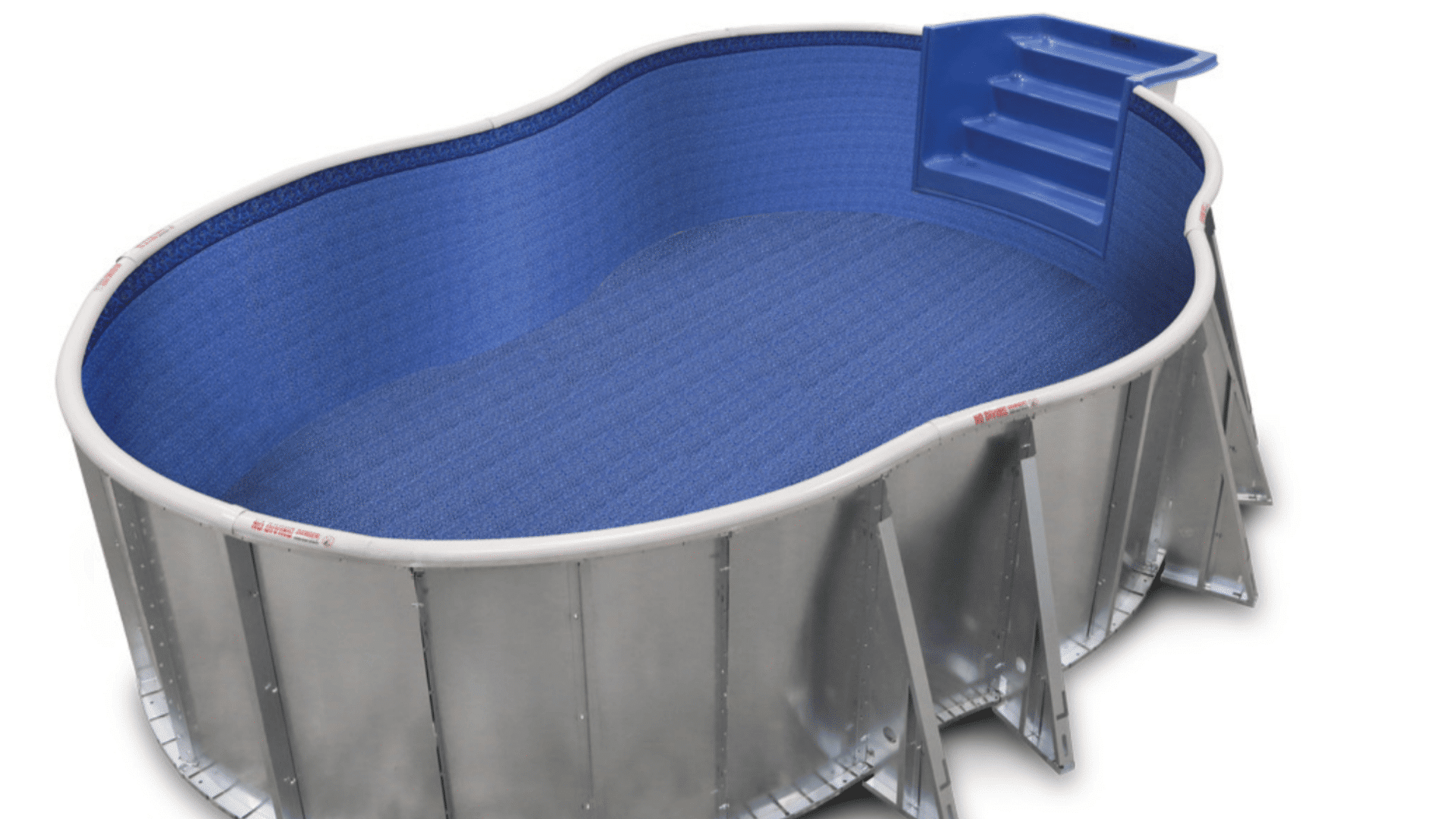 a kidney shaped metal above ground pool with blue liner and built in steps shown empty on a white background