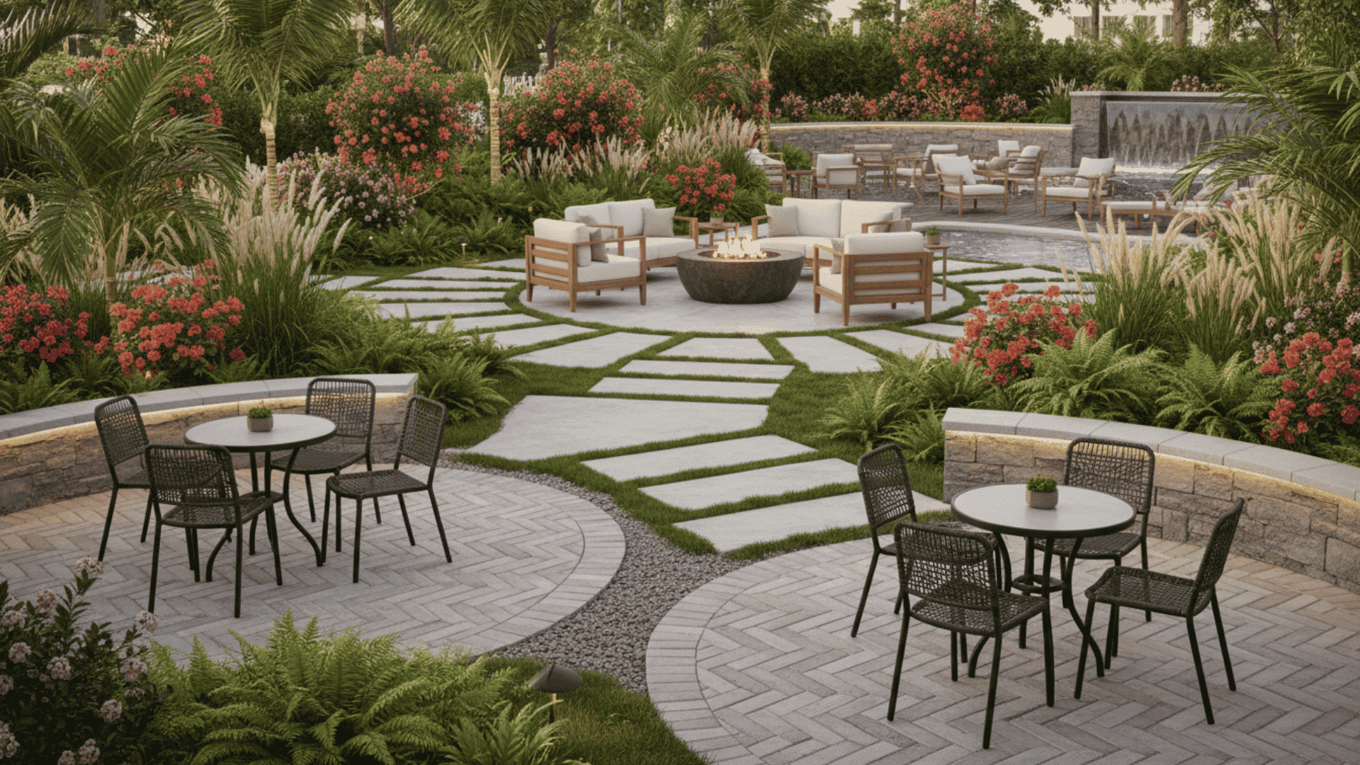 a landscaped garden patio with a round fire pit and cushioned wooden seating surrounded by flowers and greenery