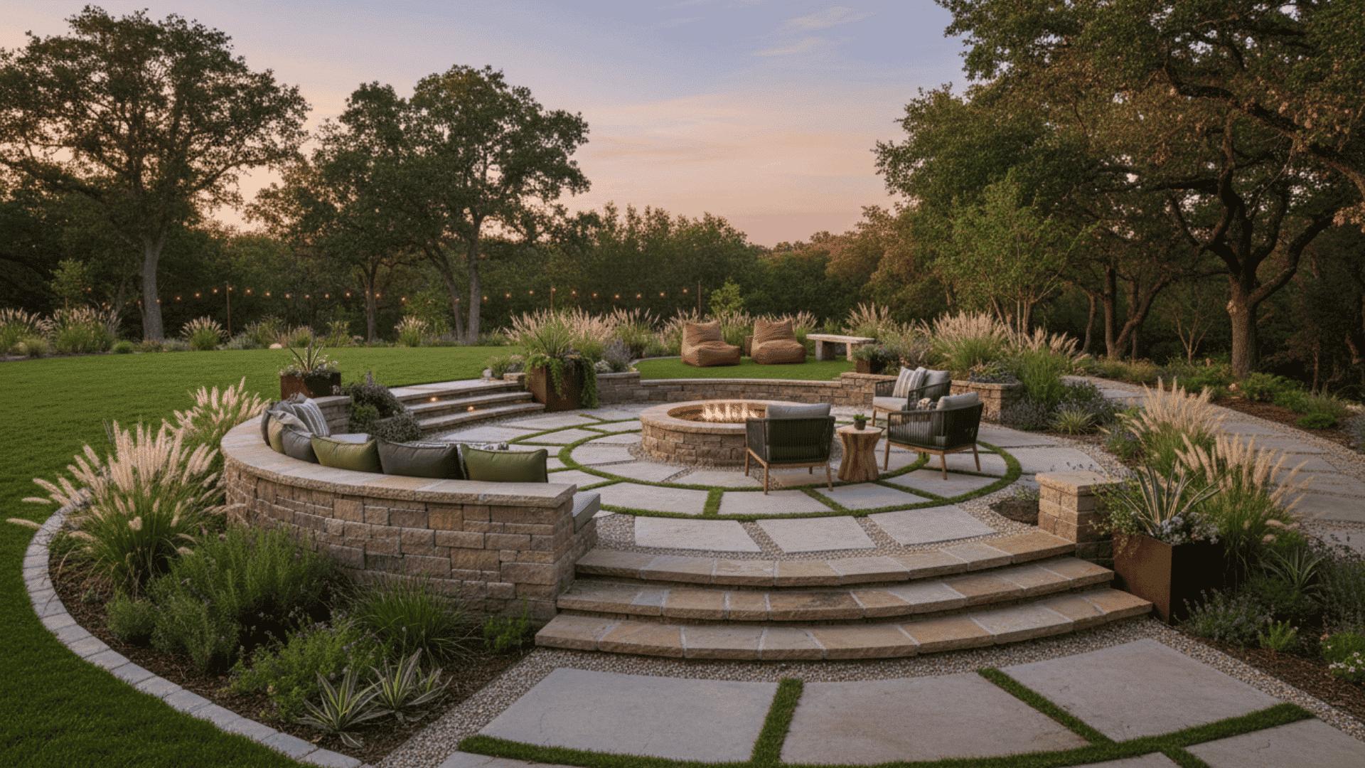 a landscaped outdoor patio with a circular fire pit and curved stone seating surrounded by greenery and trees