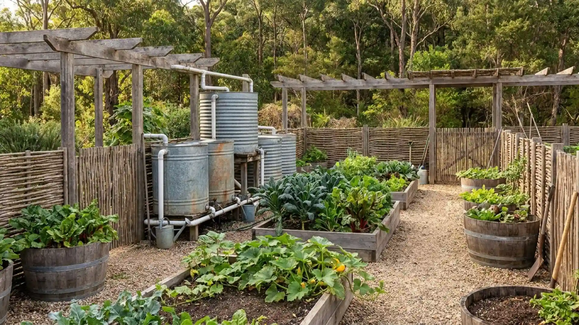 A large backyard garden with raised beds, barrel planters, growing vegetables, and a rainwater harvesting system with large metal tanks