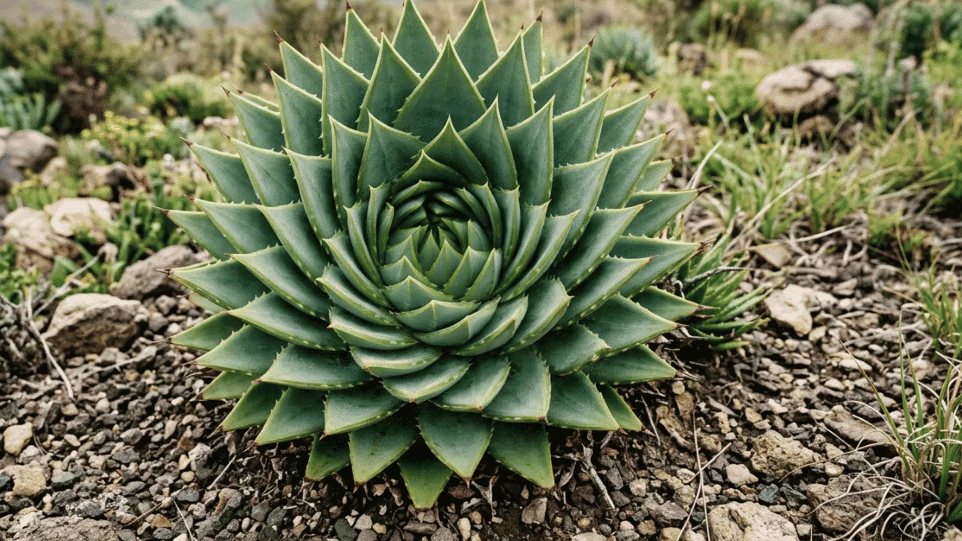 a large green rosette succulent growing among stones and grasses with soft hills in the background