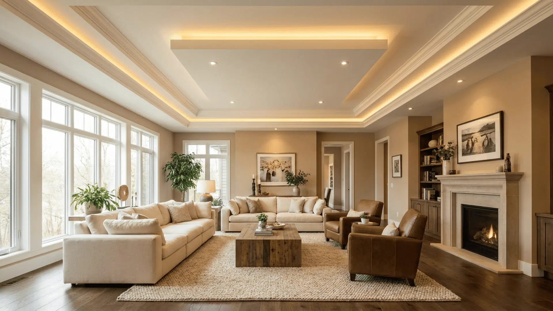 A large living room with two-level layered false ceiling, outer cove lighting border, central recessed panel.