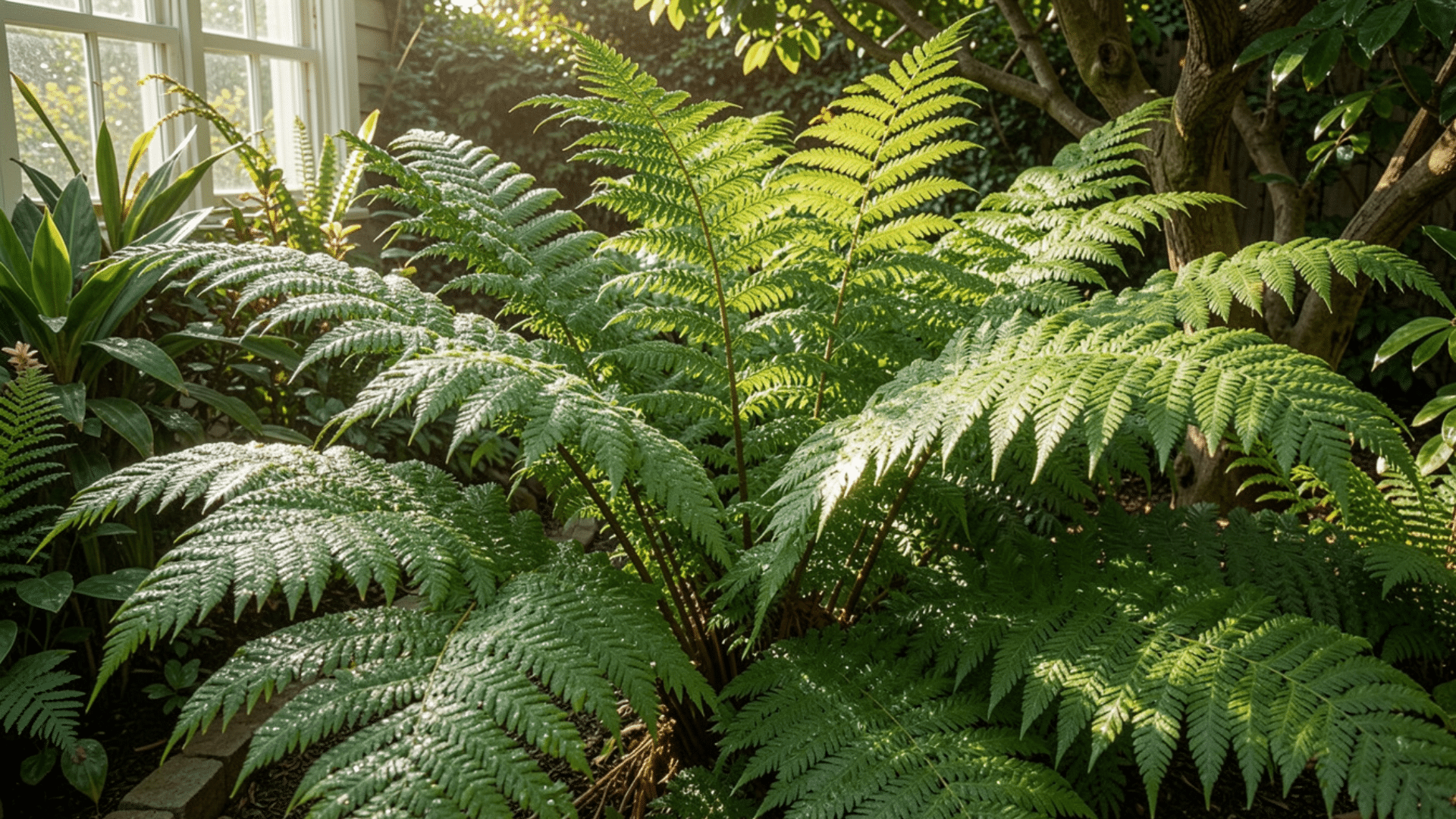 a large, lush green ostrich fern with feathery fronds is illuminated by dappled sunlight in a garden setting.