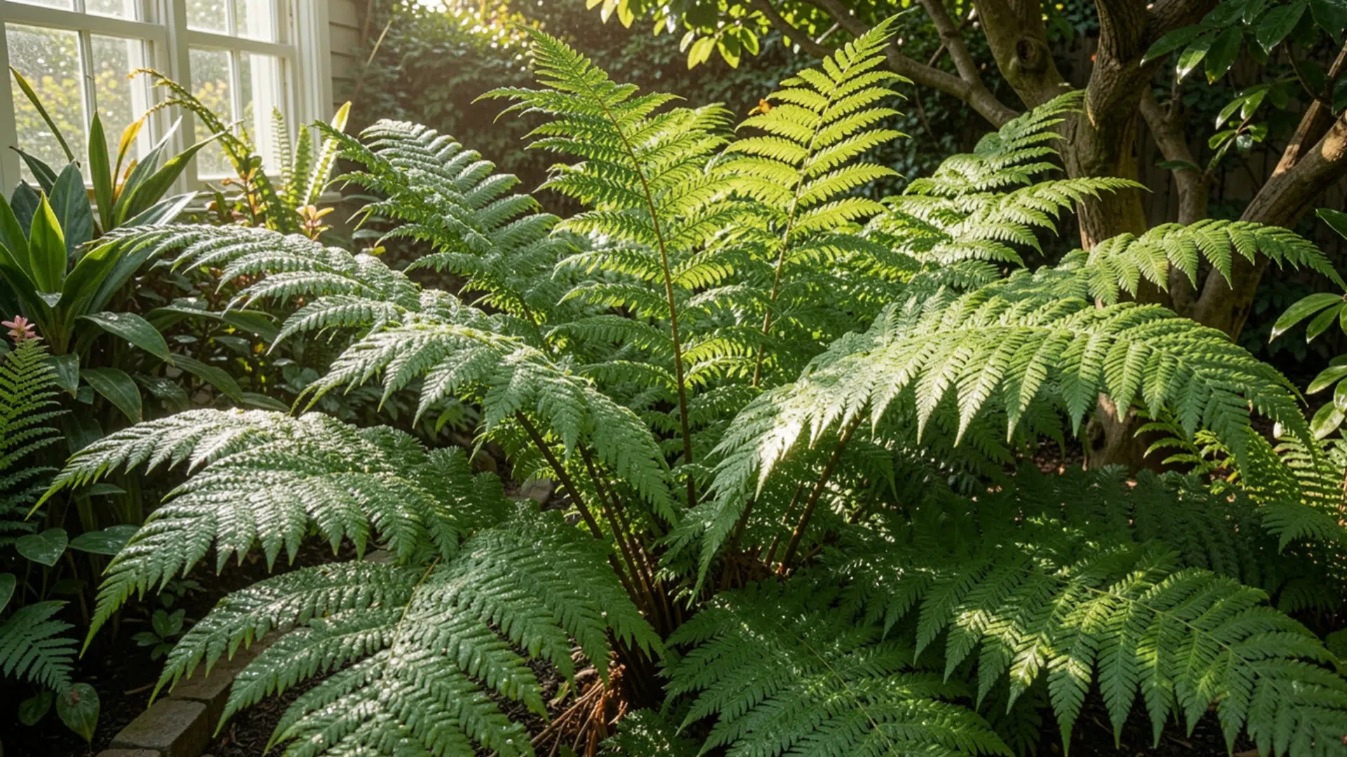 a large, lush green ostrich fern with feathery fronds is illuminated by dappled sunlight in a garden setting.