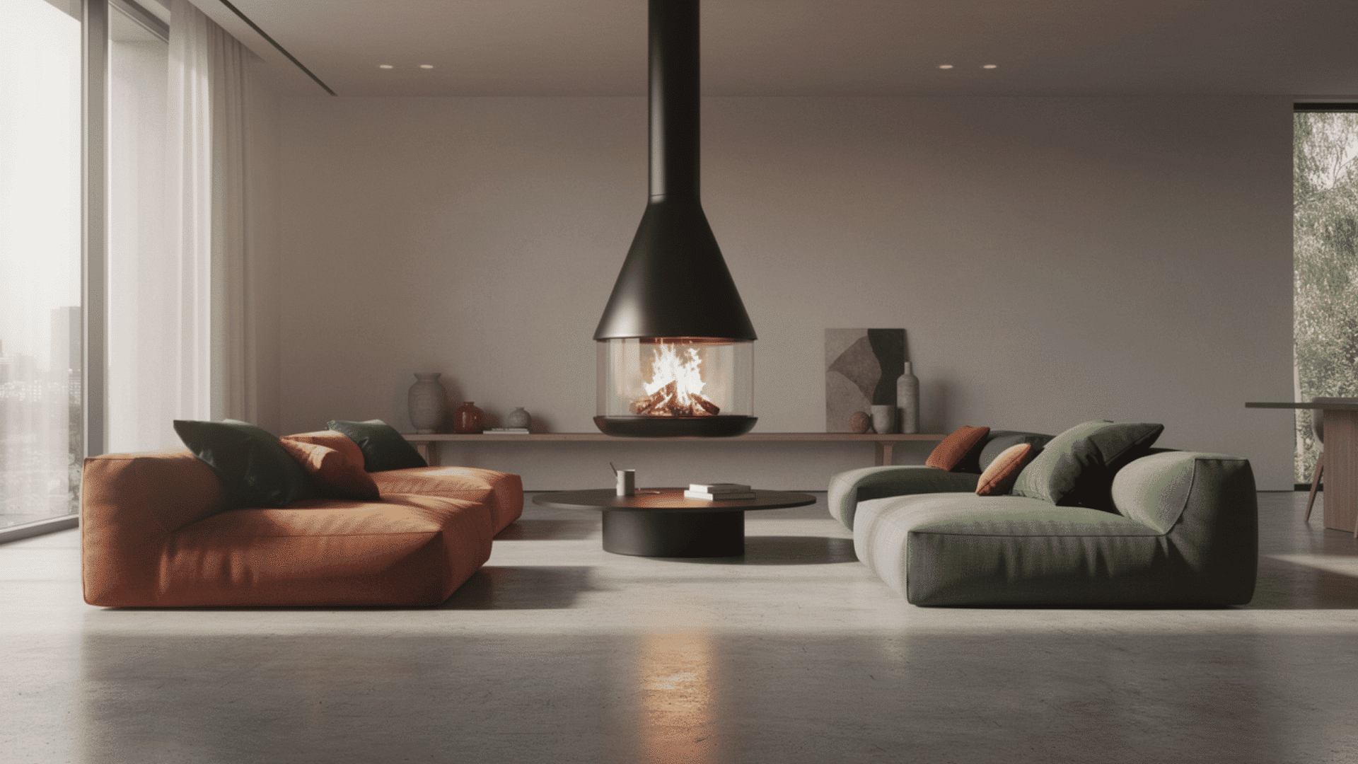 _a large matte black suspended cone pendant fireplace hanging from the ceiling between a terracotta sofa and a sage green sofa on polished concrete floors