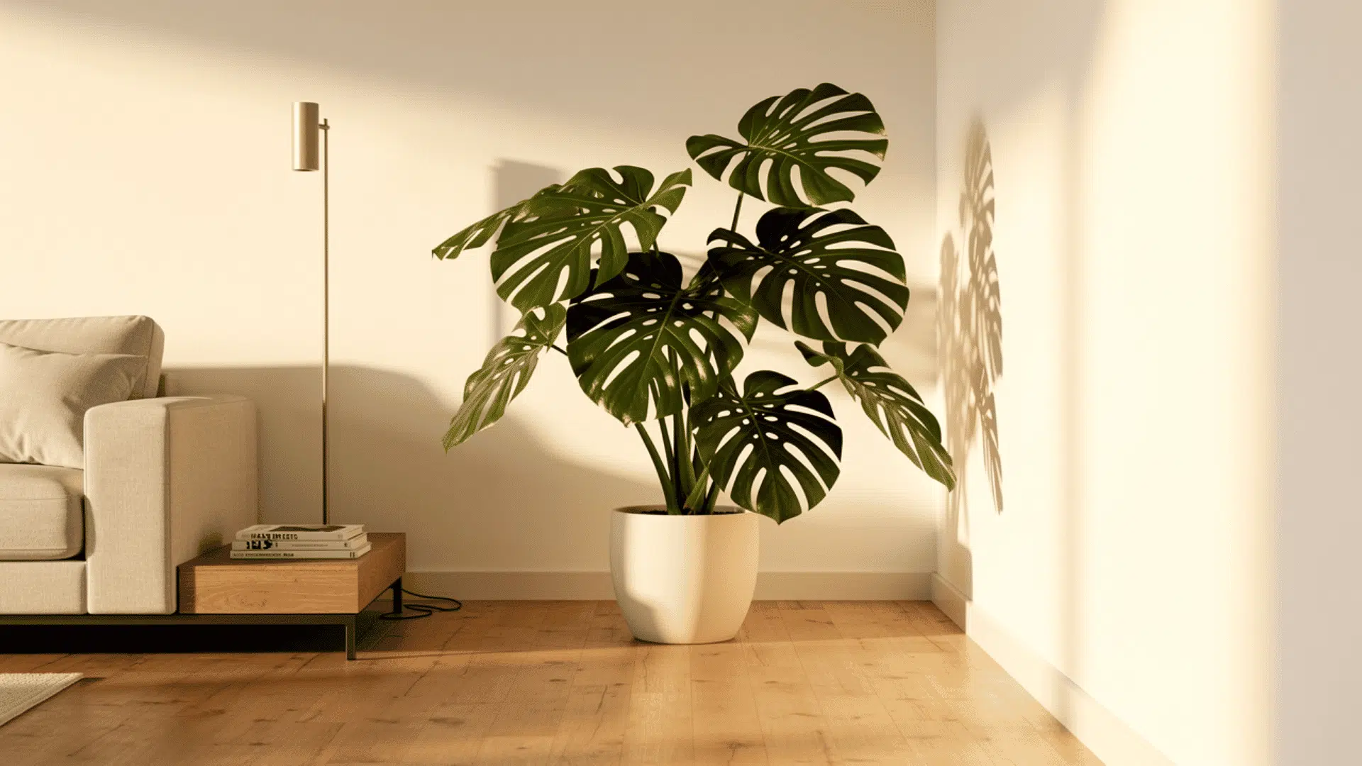 a large monstera plant in a white round pot placed in a bright living room corner casting dramatic leaf shaped shadows on the wall behind it