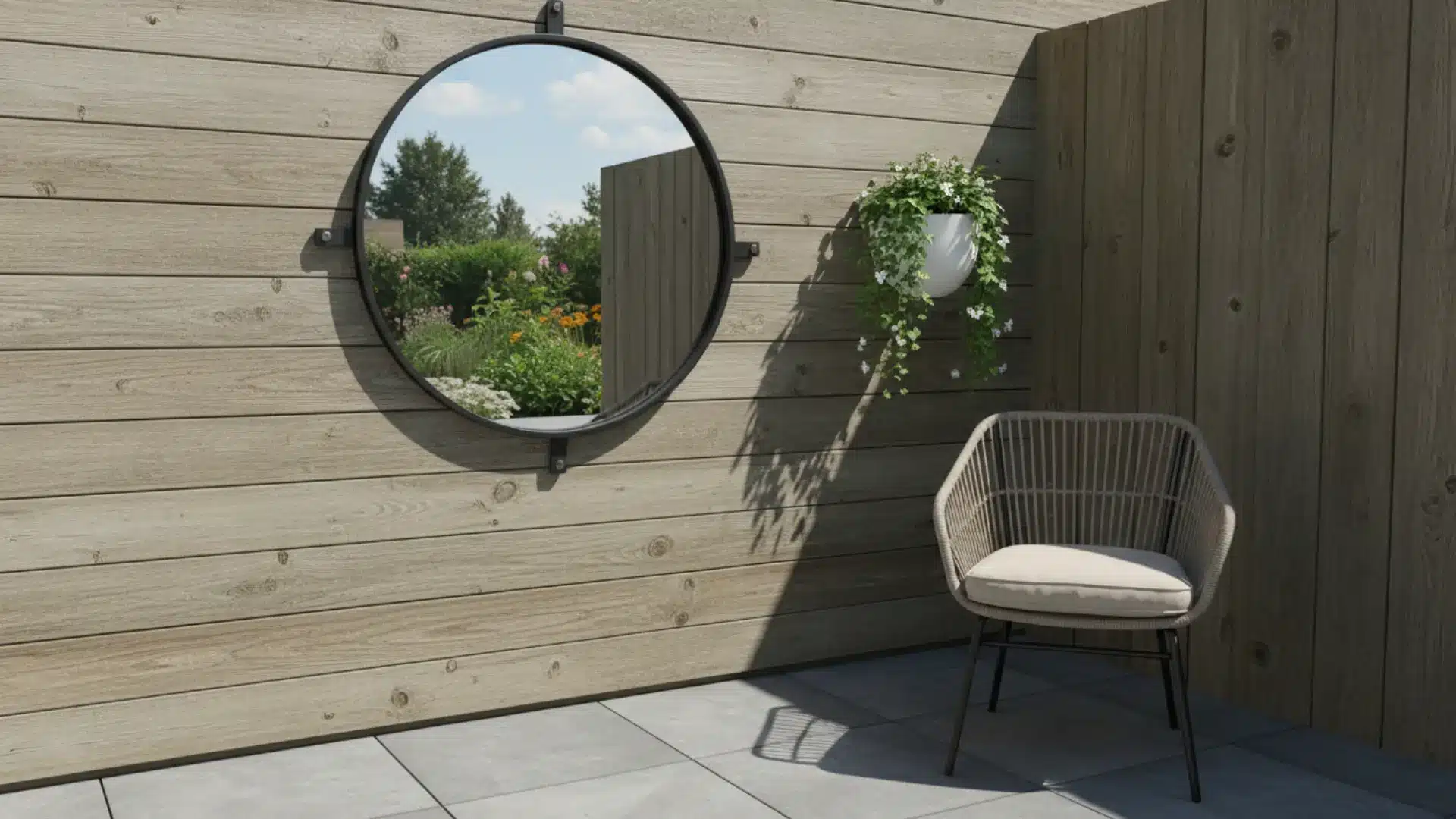 a large round outdoor mirror mounted on a wooden fence wall reflecting the garden on a small patio with a simple chair and wall-mounted plant in natural daylight