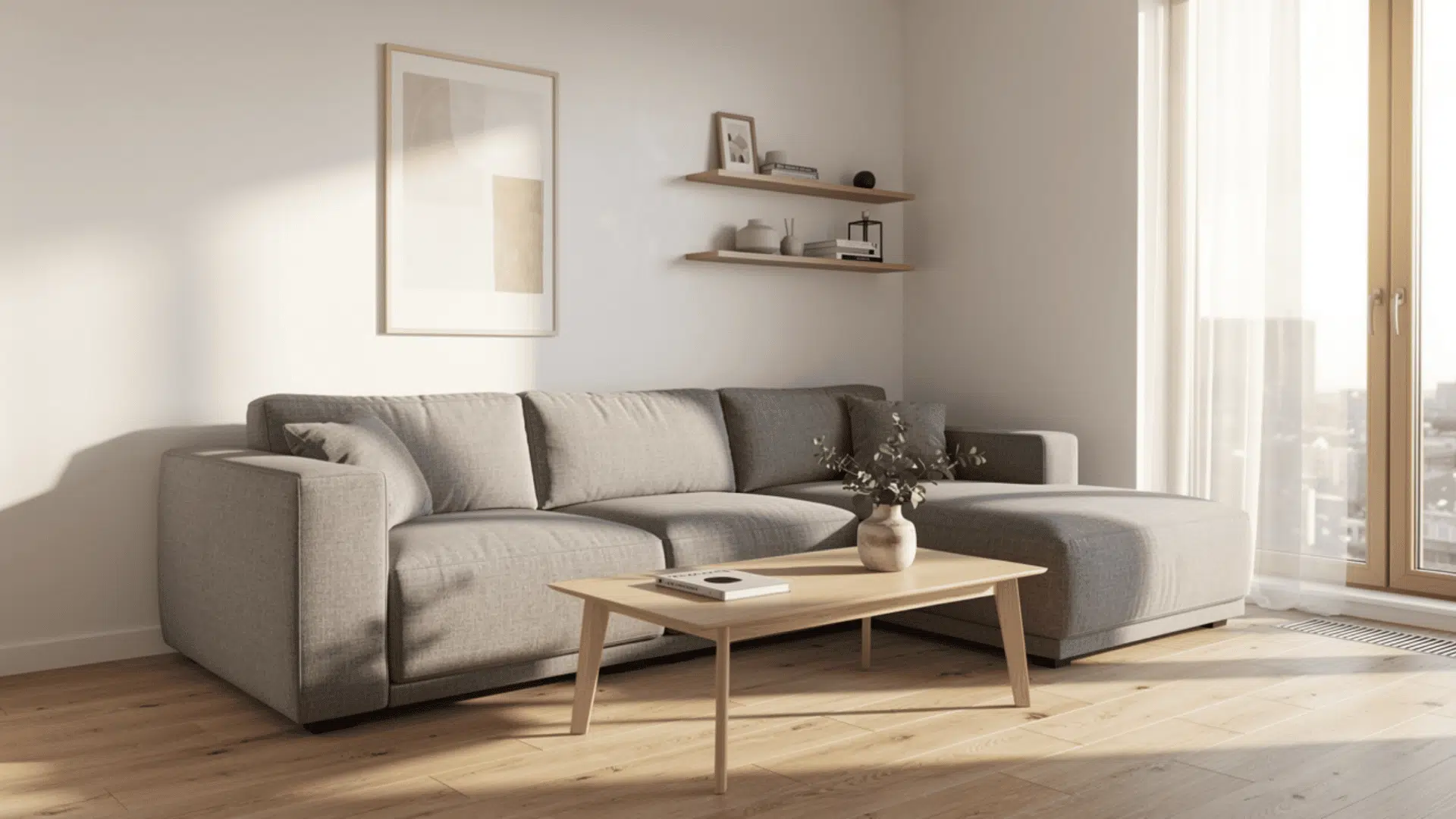 a light airy living room with a grey modular sofa two floating wooden shelves and a wooden coffee table with a vase of branches