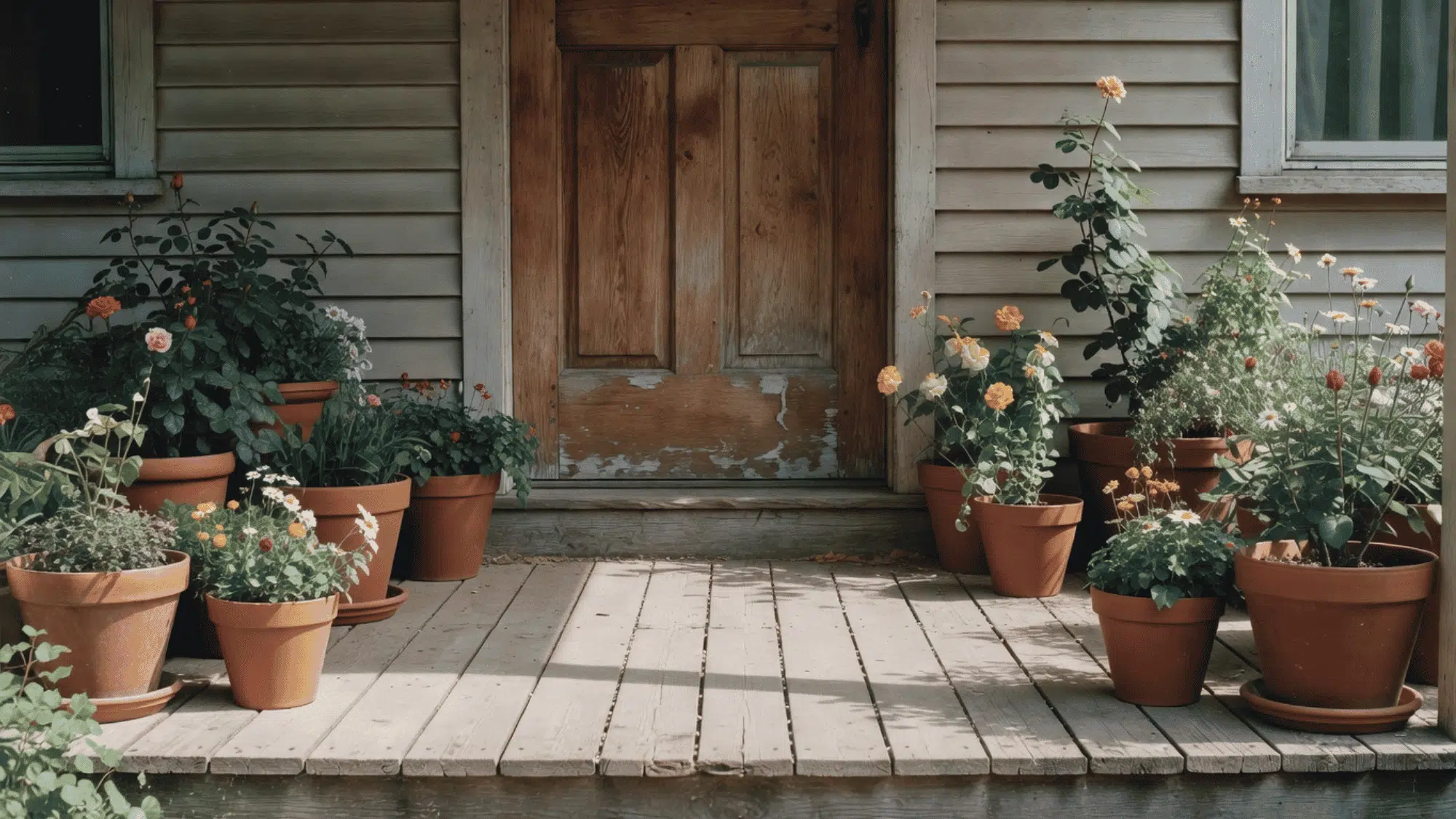 a lived in front porch with uneven terracotta pots and natural flowers by a weathered wooden door in soft daylight