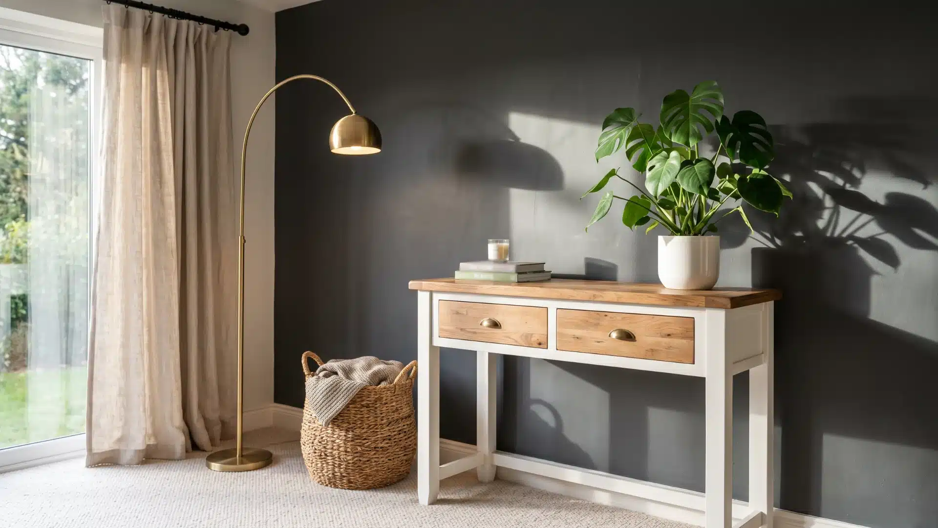 A living room corner featuring a white and wood console table with a Monstera plant, a brass arc floor lamp, and a woven storage basket against a dark gray accent wall