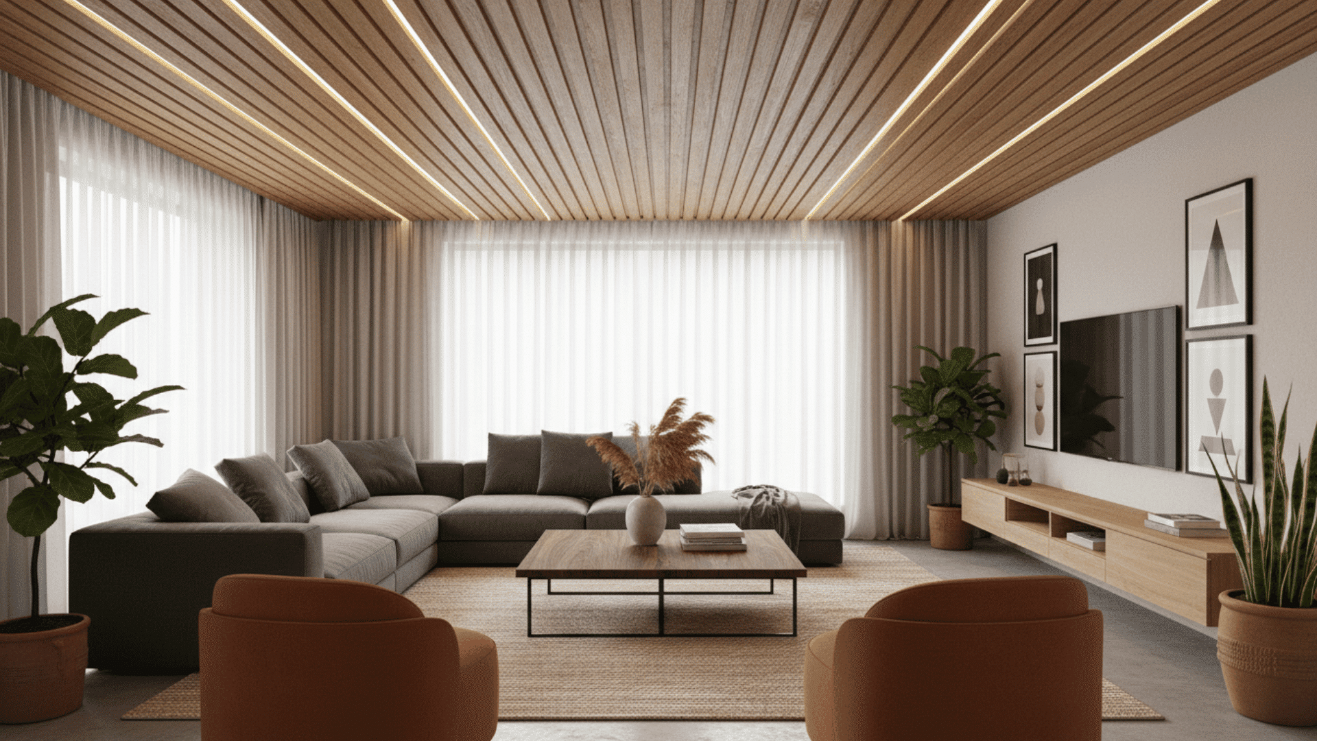 A living room with narrow wooden slats installed in parallel rows on the ceiling LED strips behind the slats cast layered light.