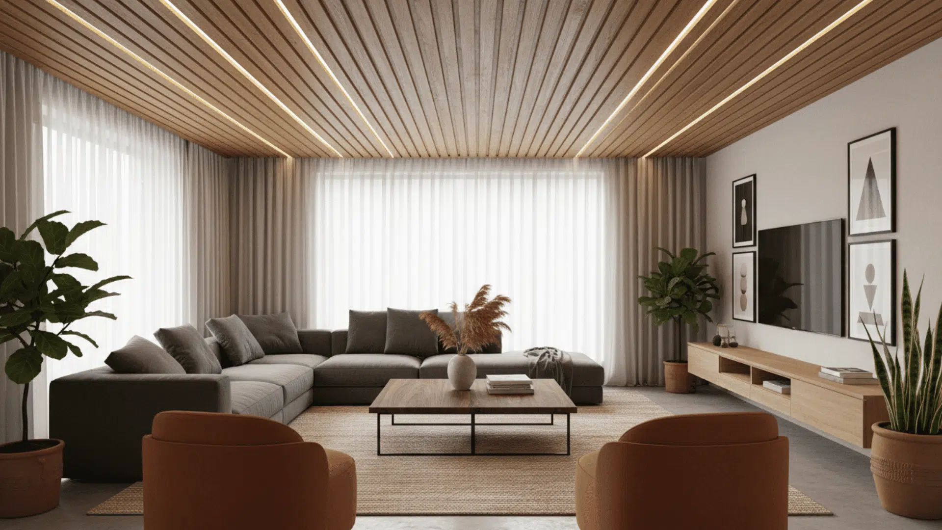A living room with narrow wooden slats installed in parallel rows on the ceiling LED strips behind the slats cast layered light.