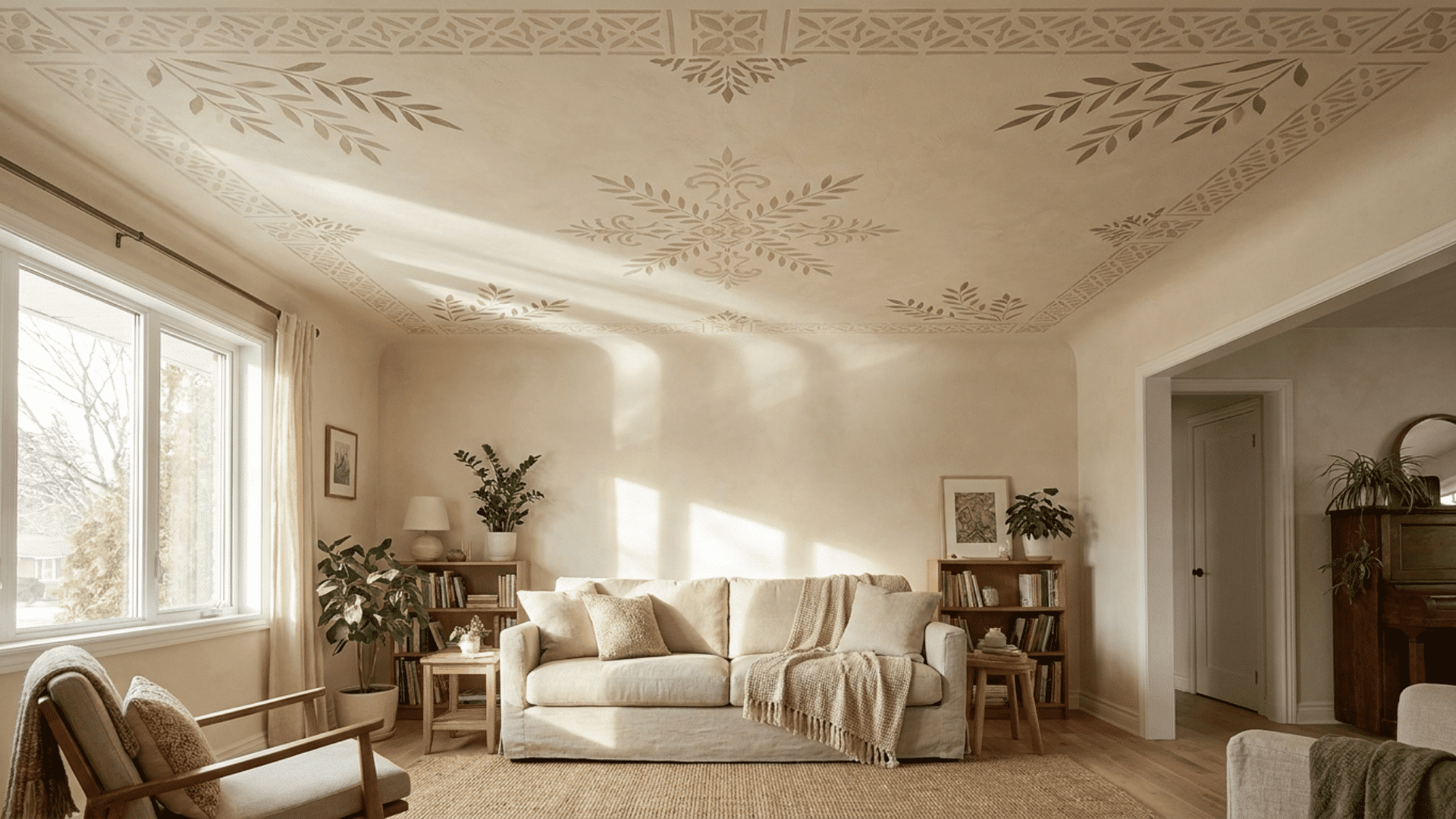 A living room with stenciled ceiling featuring geometric and botanical patterns.