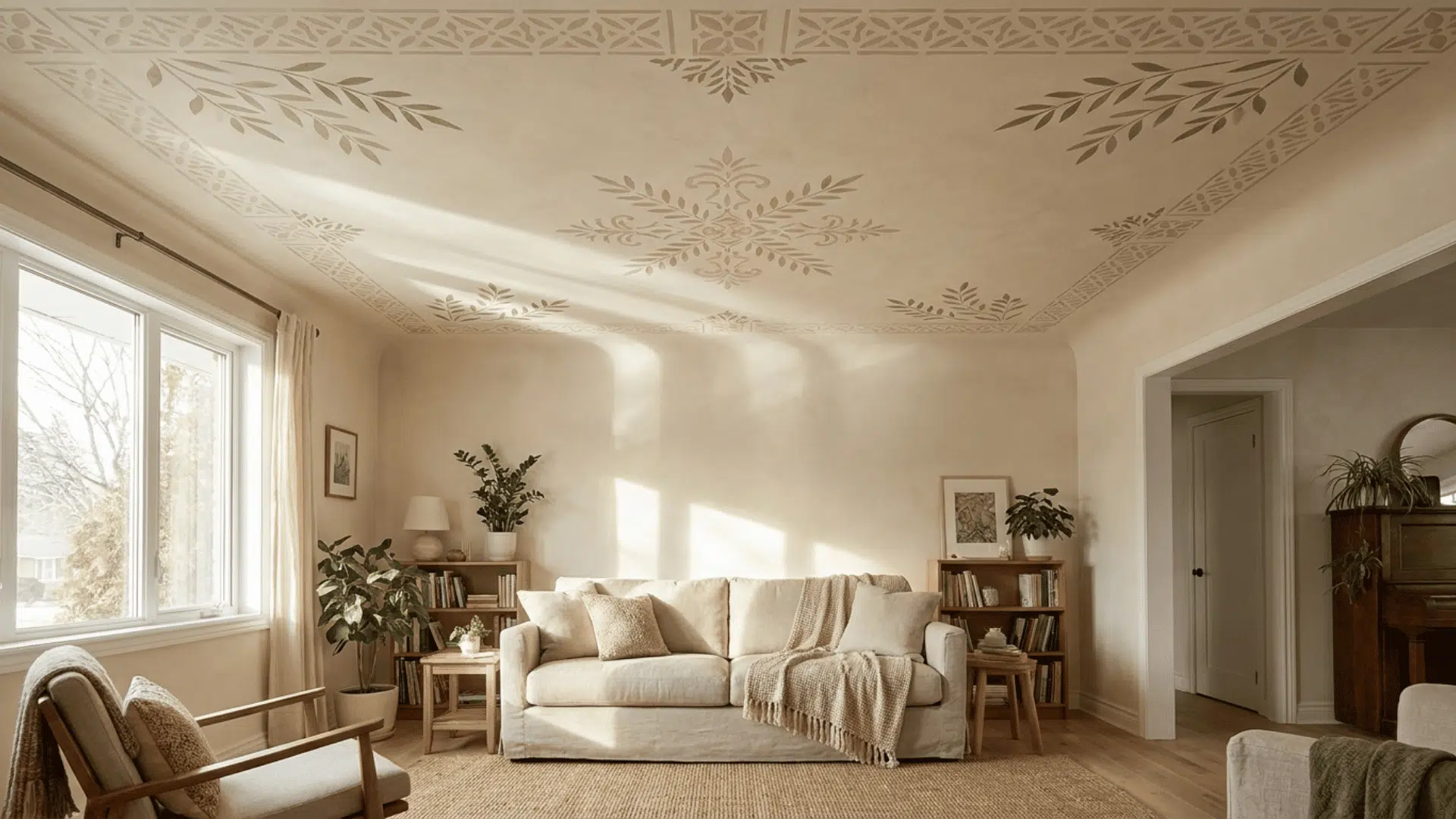 A living room with stenciled ceiling featuring geometric and botanical patterns.