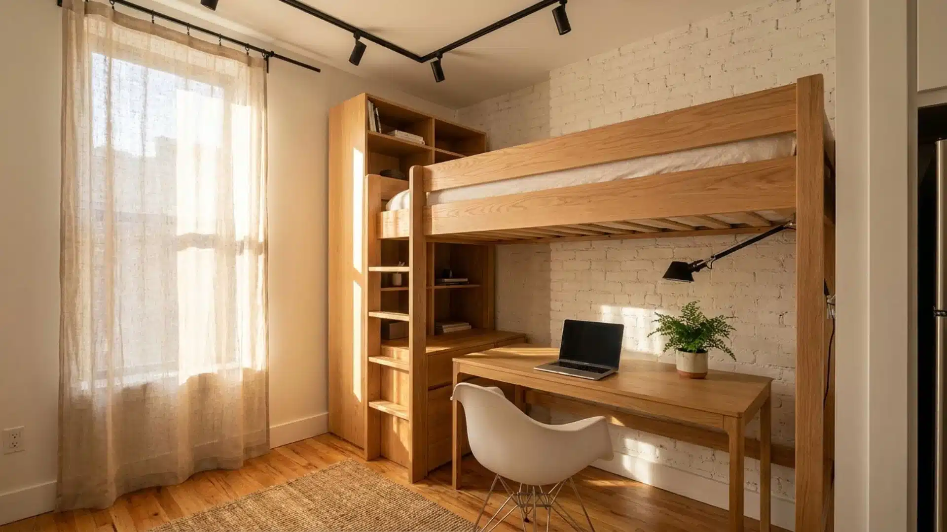 a wooden loft bed with built in desk, ladder shelving, workspace lighting, and compact studio apartment layout
