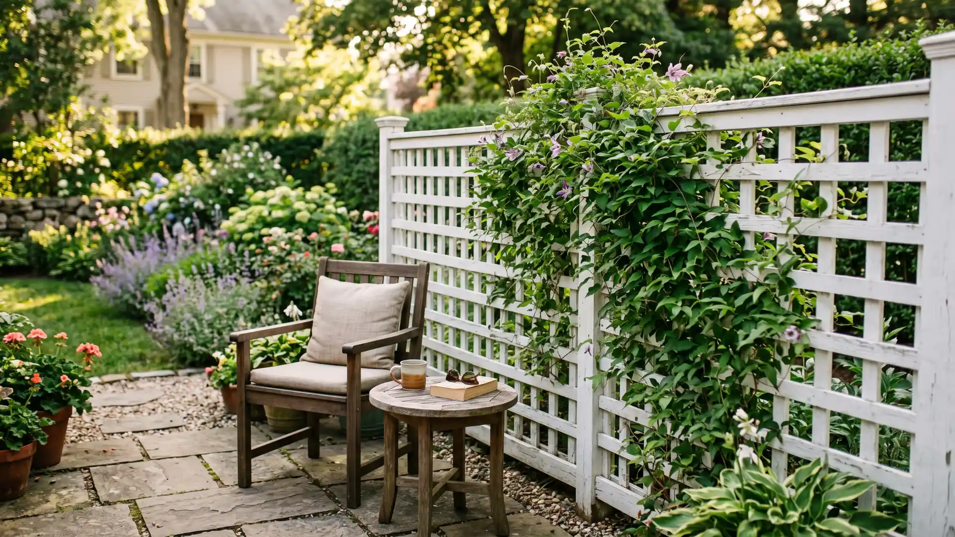 _a low white wooden slatted privacy screen with a climbing green vine on a small patio beside a simple outdoor chair and side table in soft afternoon light